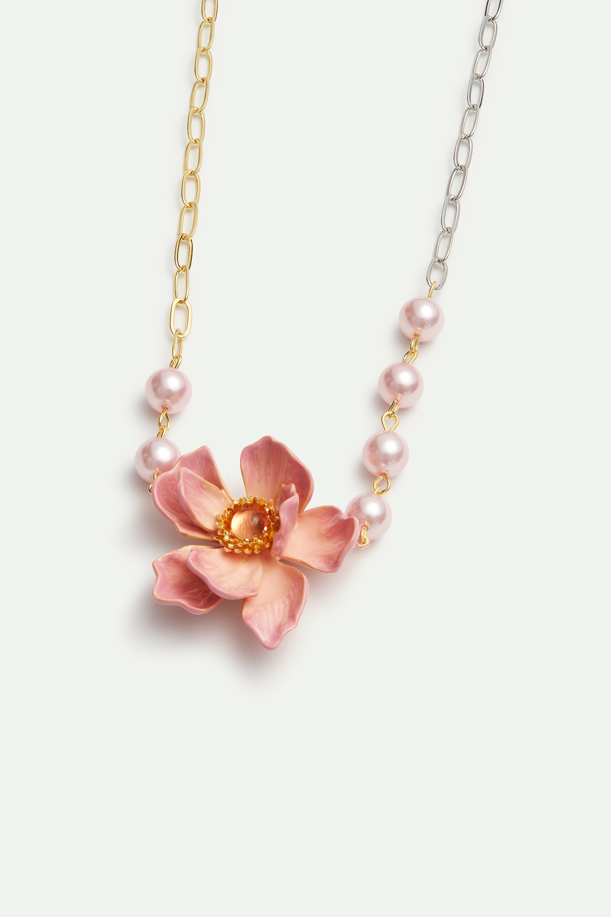 Two-tone chain, large pink magnolia flower and artificial pearl necklace