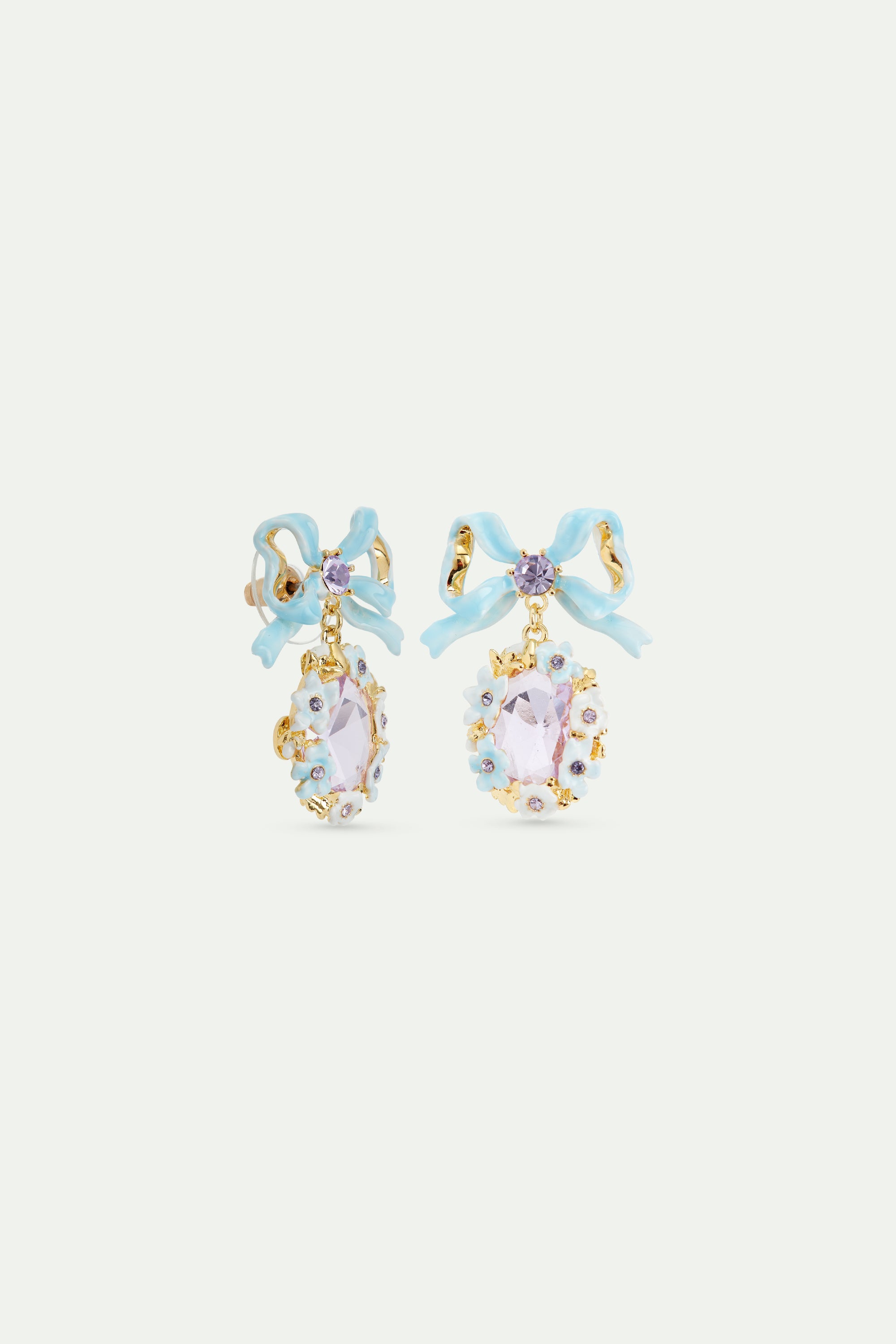 Pendientes boda piedra violeta facetada, flores y lazo azul