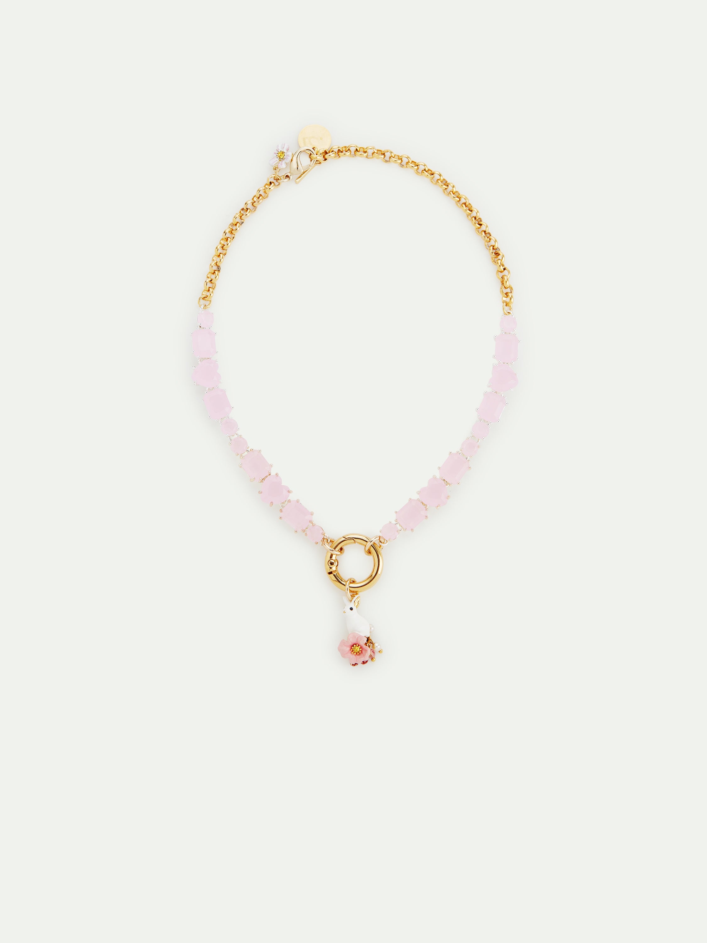 Collier ras de cou pierres facettées roses et lapin