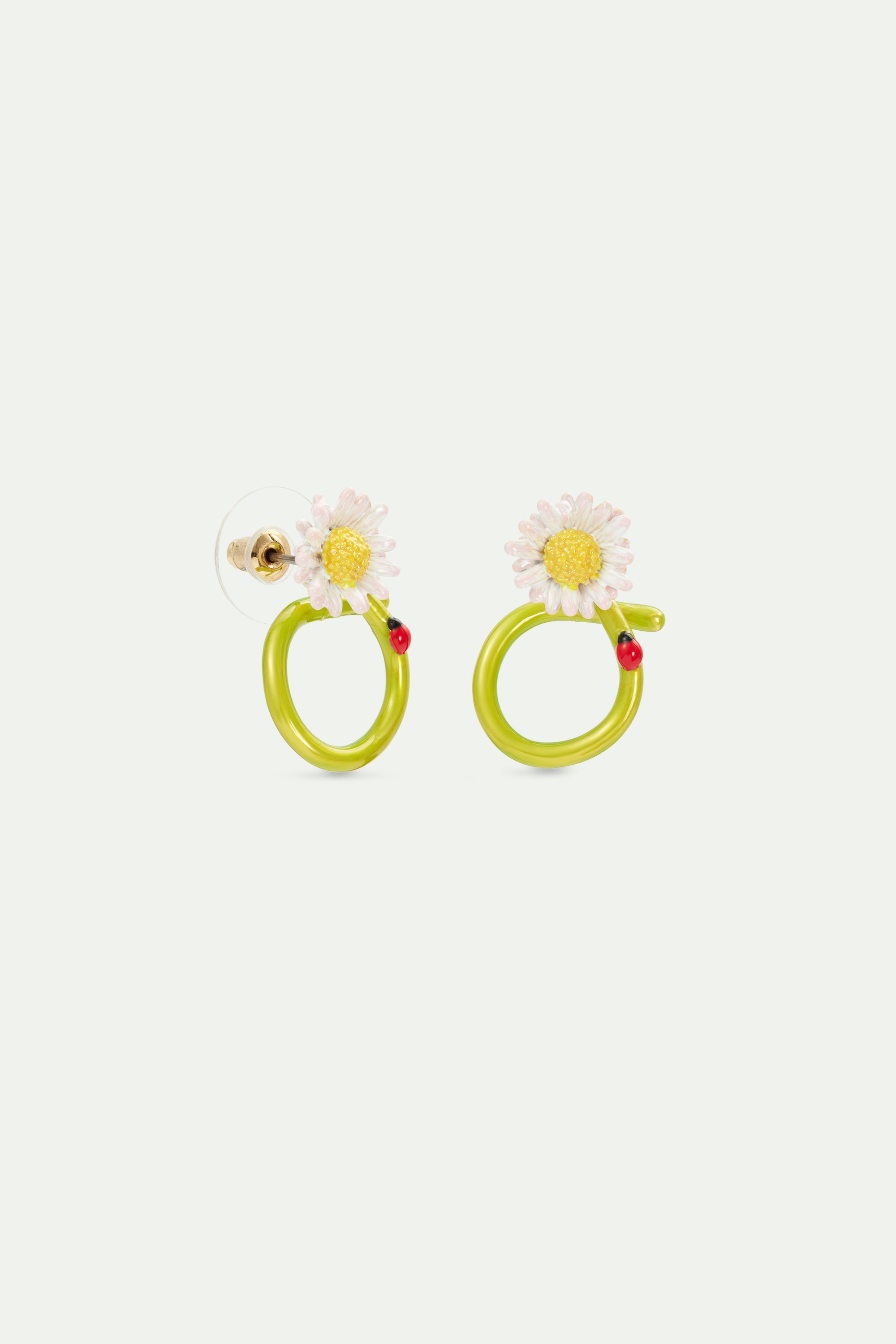 White flower and ladybird post hoop earrings