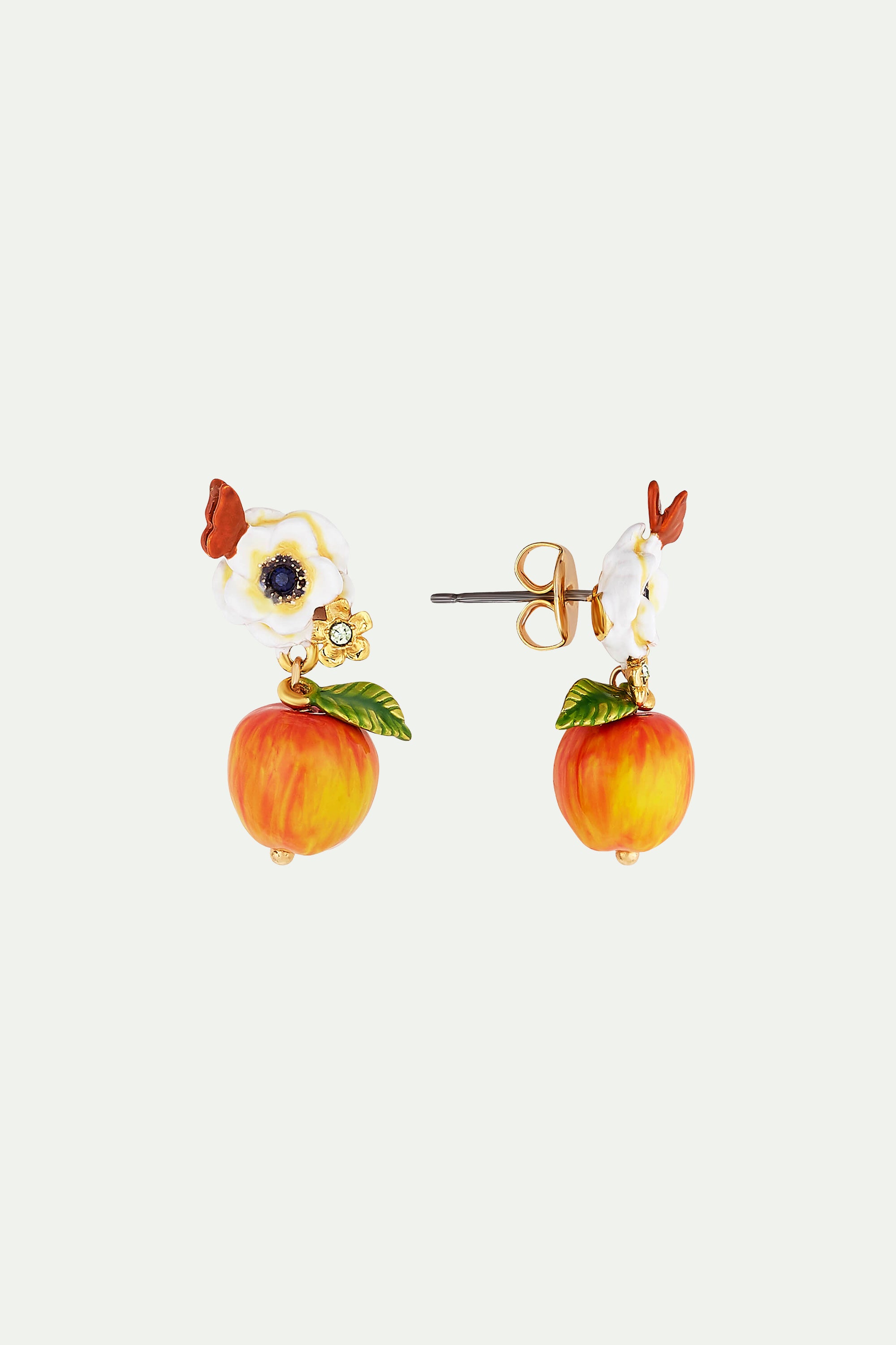 Boucles d'oreilles tiges fleur de pavot blanc, papillon et pomme croquante