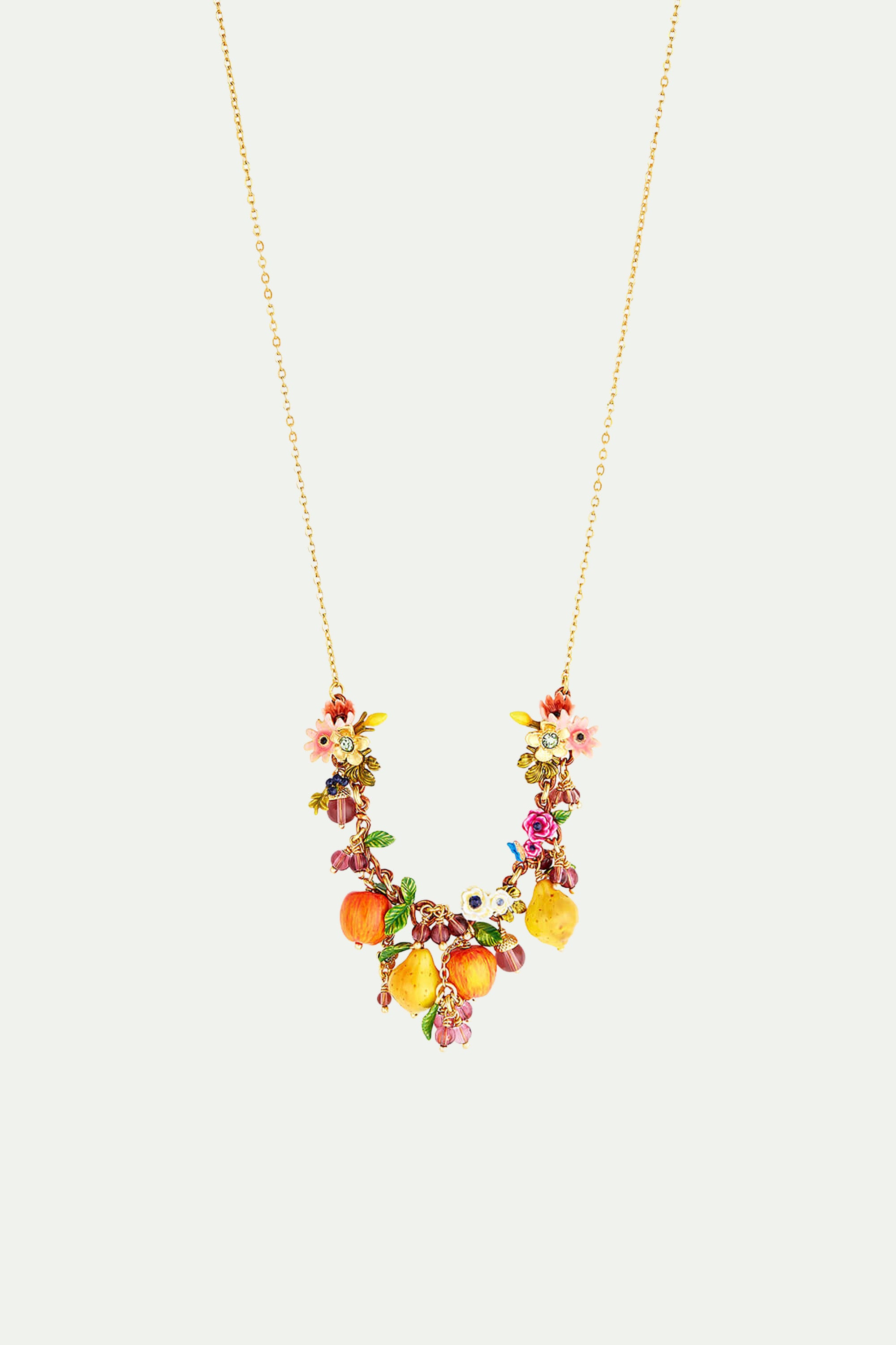 Romantic flowers and orchard fruits statement necklace