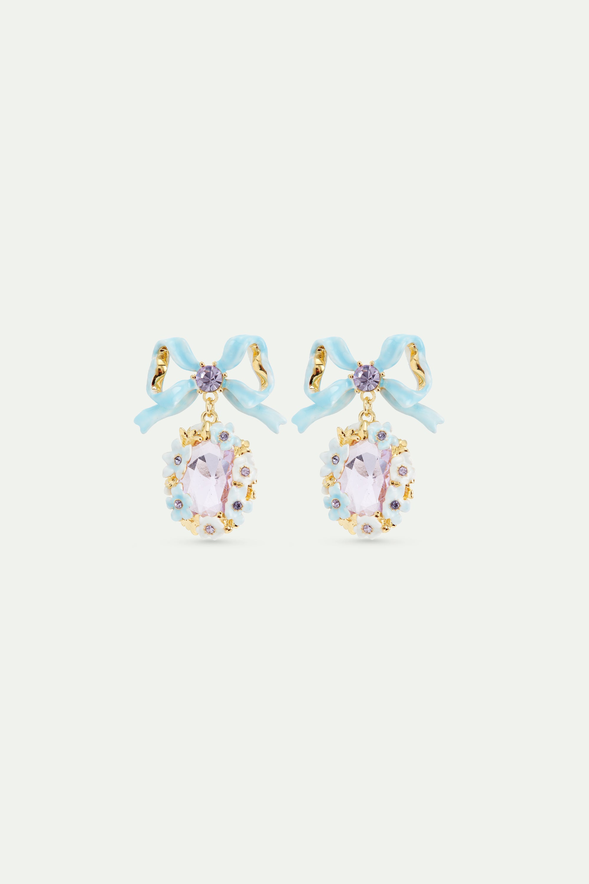 Pendientes boda piedra violeta facetada, flores y lazo azul