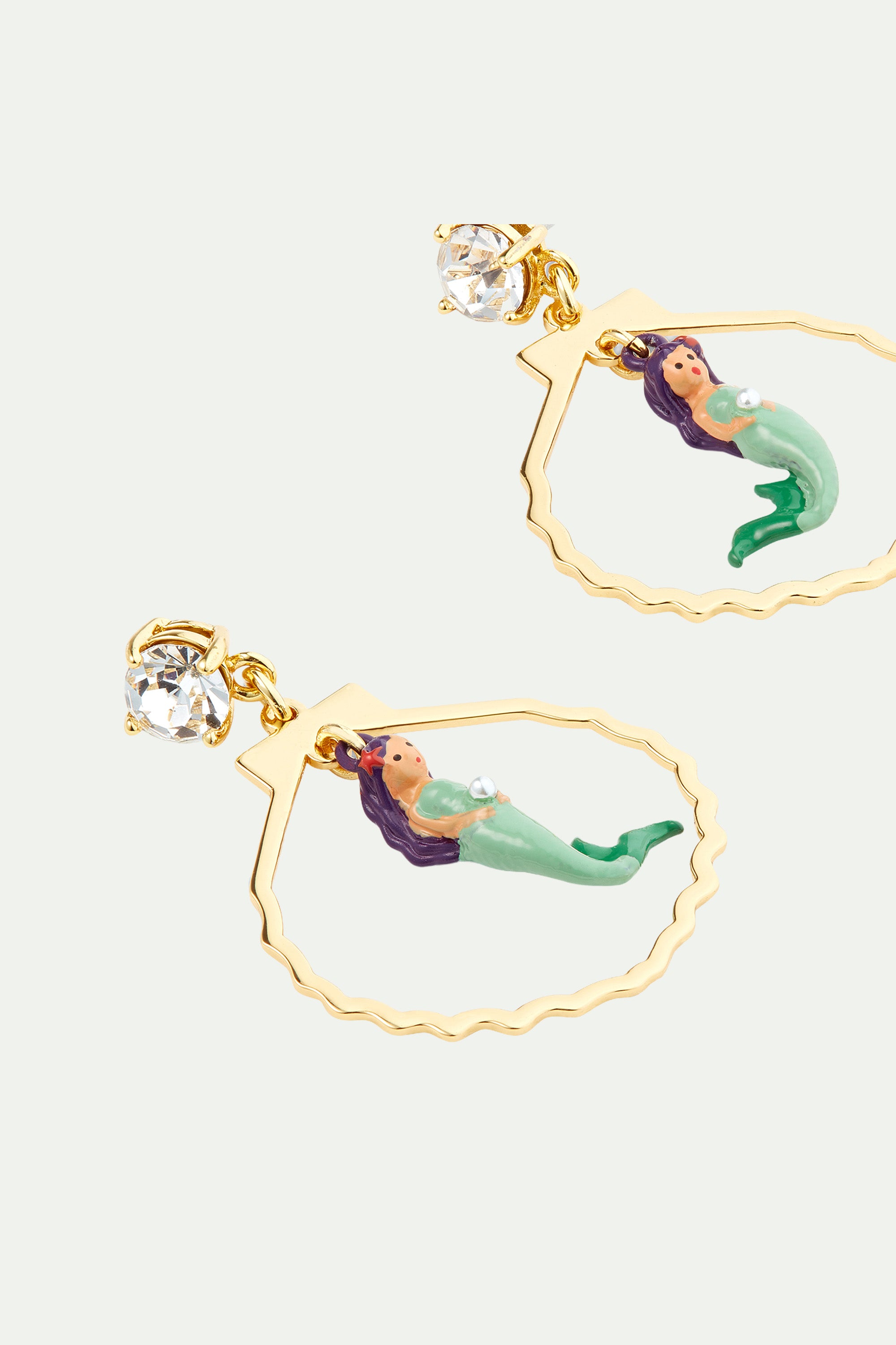Mermaid, cut stone, seashell shape post earrings