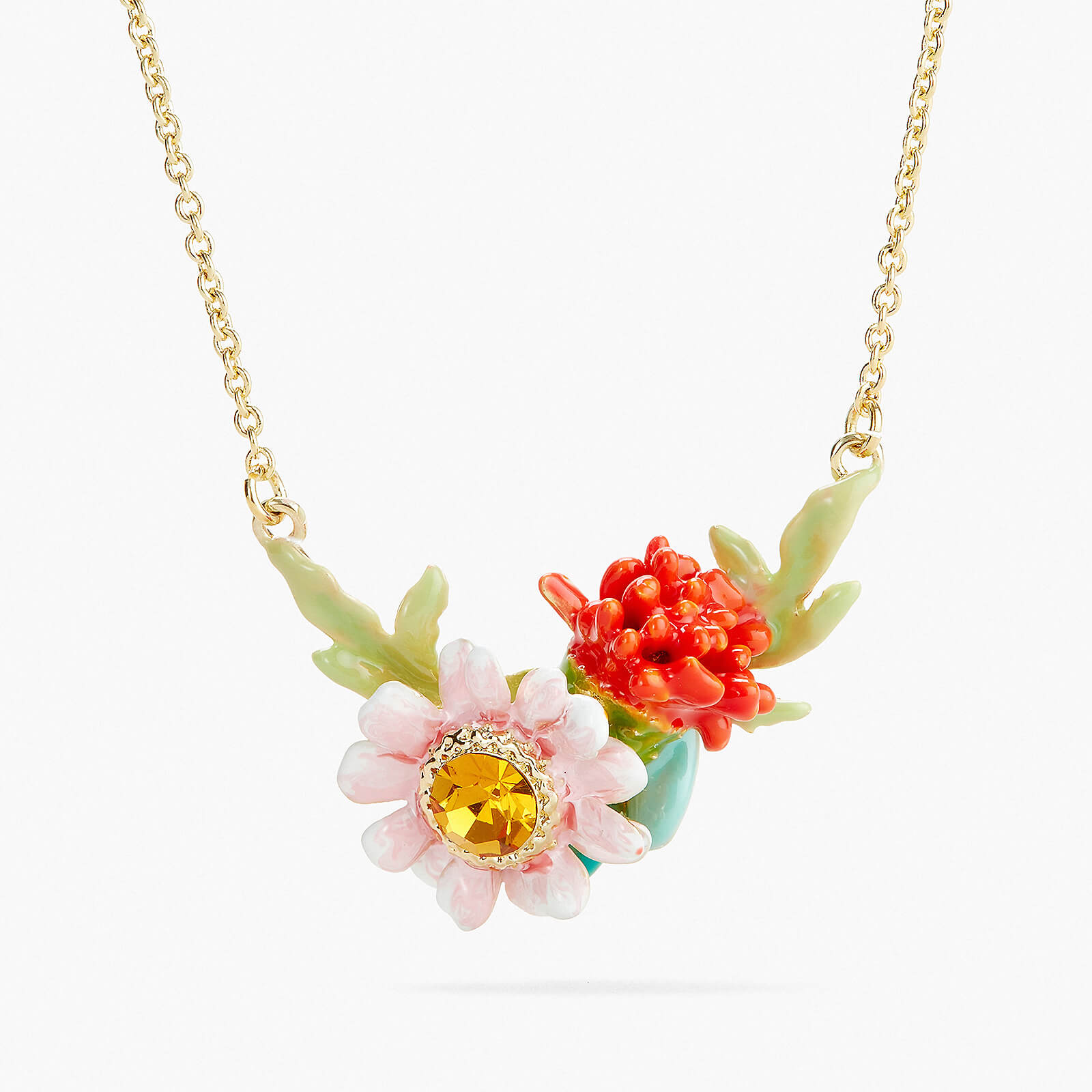 Collier pendentif dahlia rouge et fleur de prairie rose