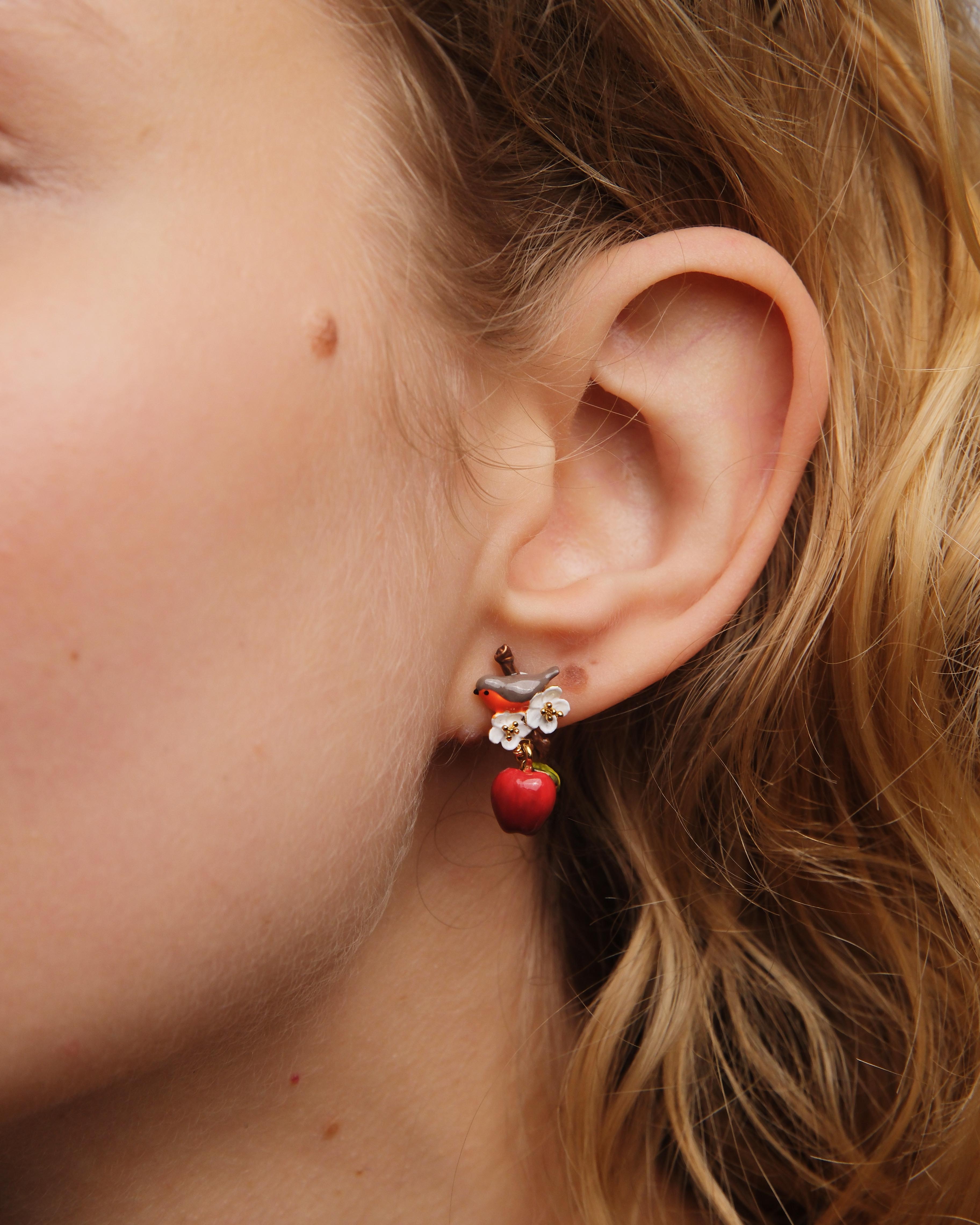 Boucles d'oreilles rouge-gorge et pomme