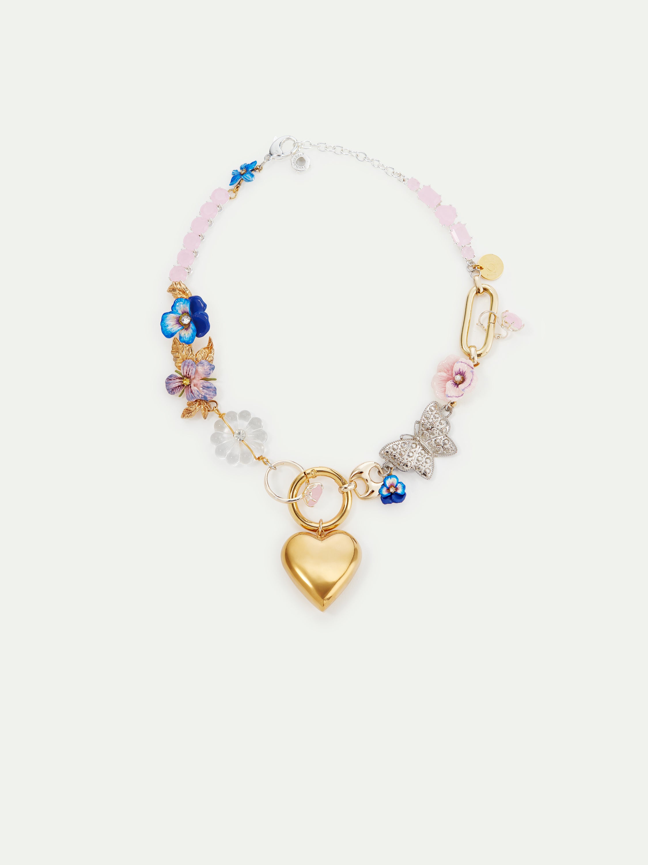 Collier ras de cou fleurs, verres facettés et cœur