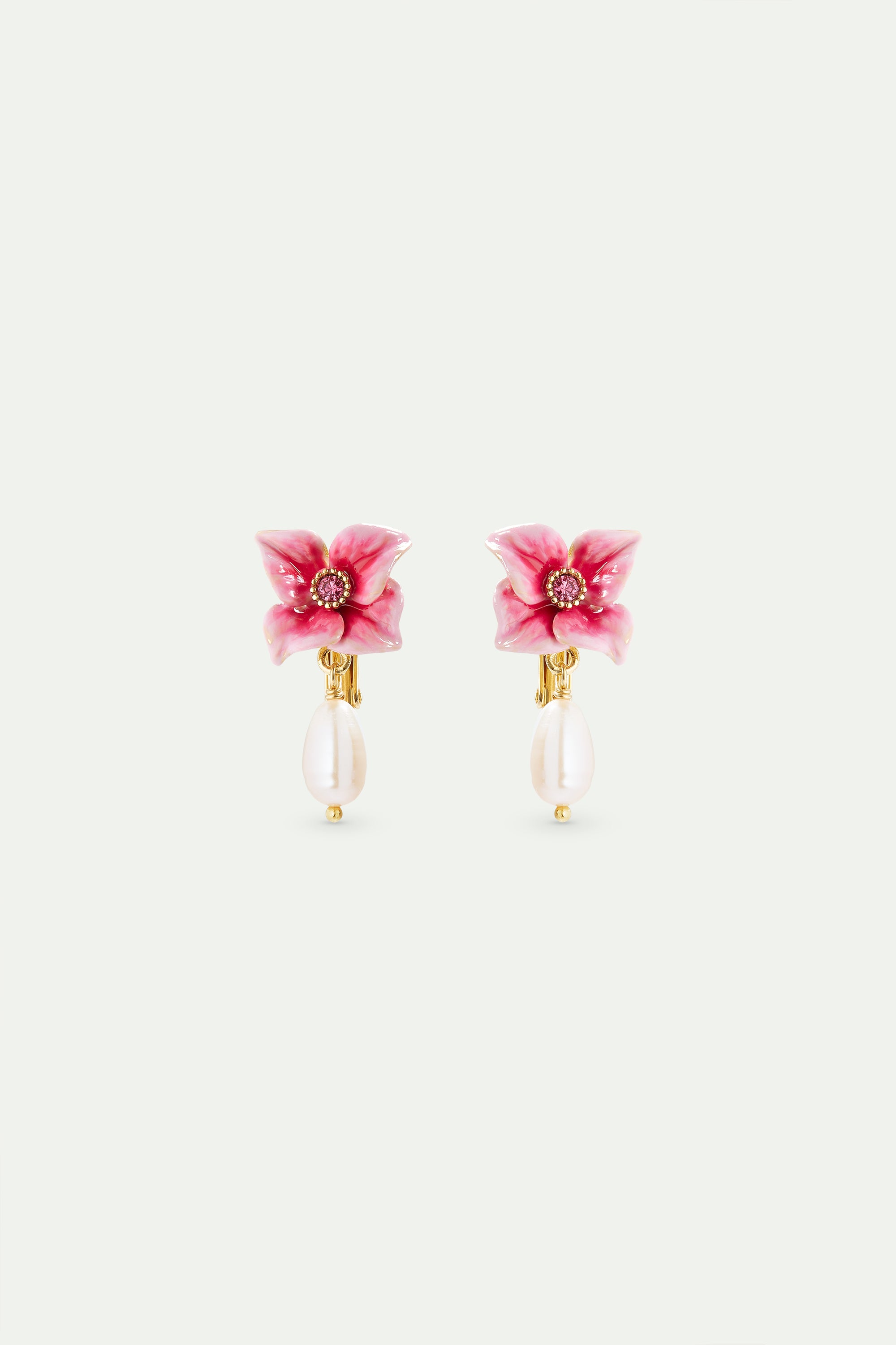 Pink hydrangea flower and cultured pearl earrings