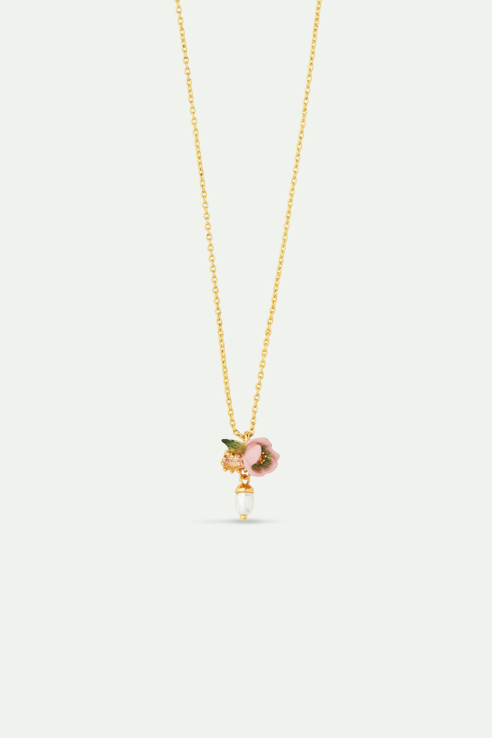 Collier pendentif fleur d'hellébore rose et perle fantaisie