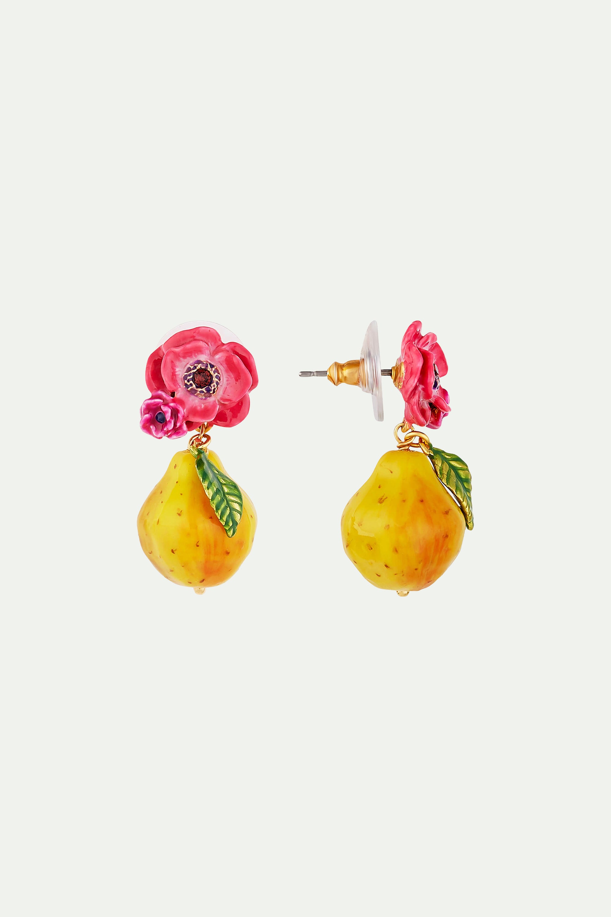 Boucles d'oreilles tiges fleur de coquelicot rose et poire fondante...