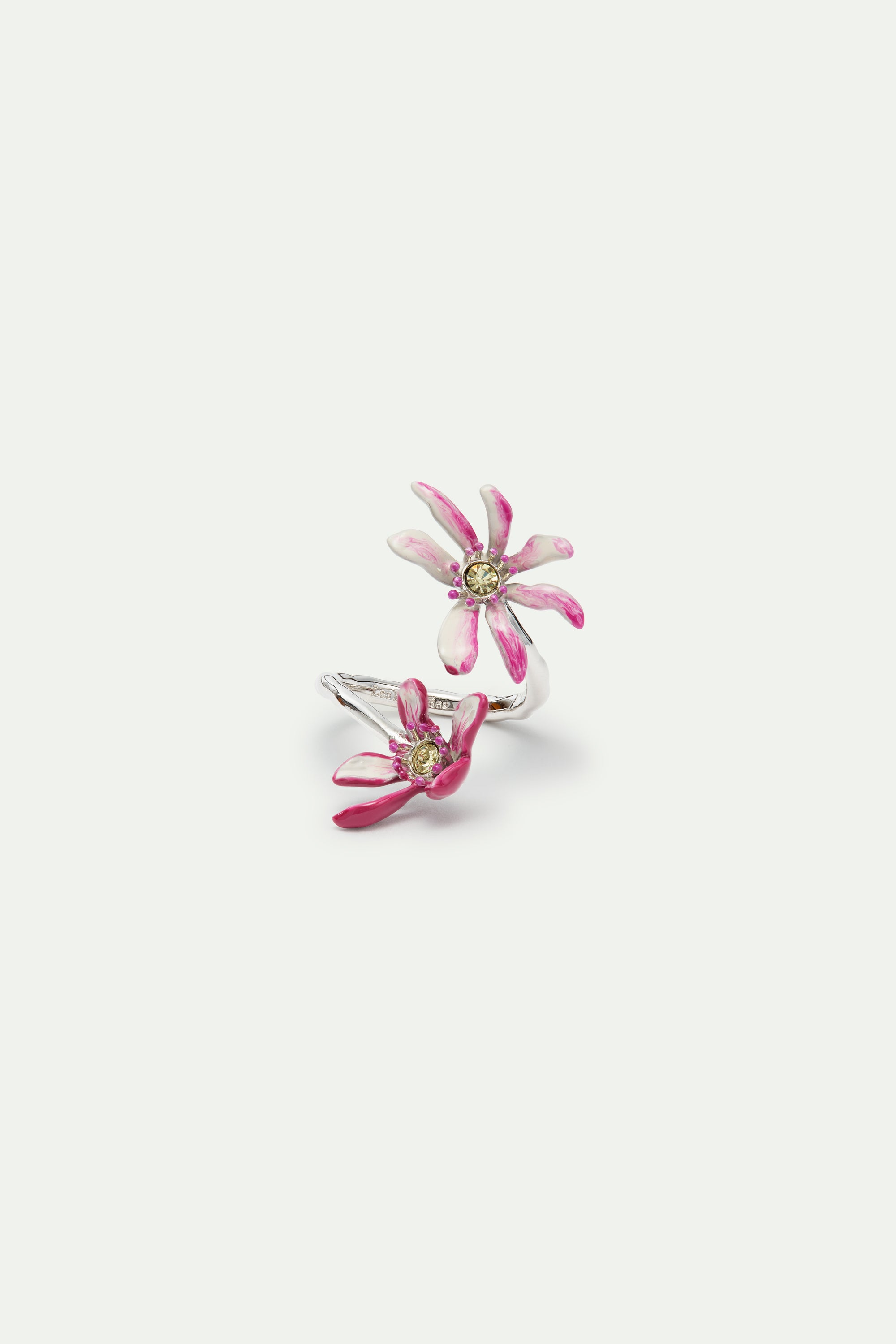 Bague ajustable argentée fleurs de magnolia roses et cristaux