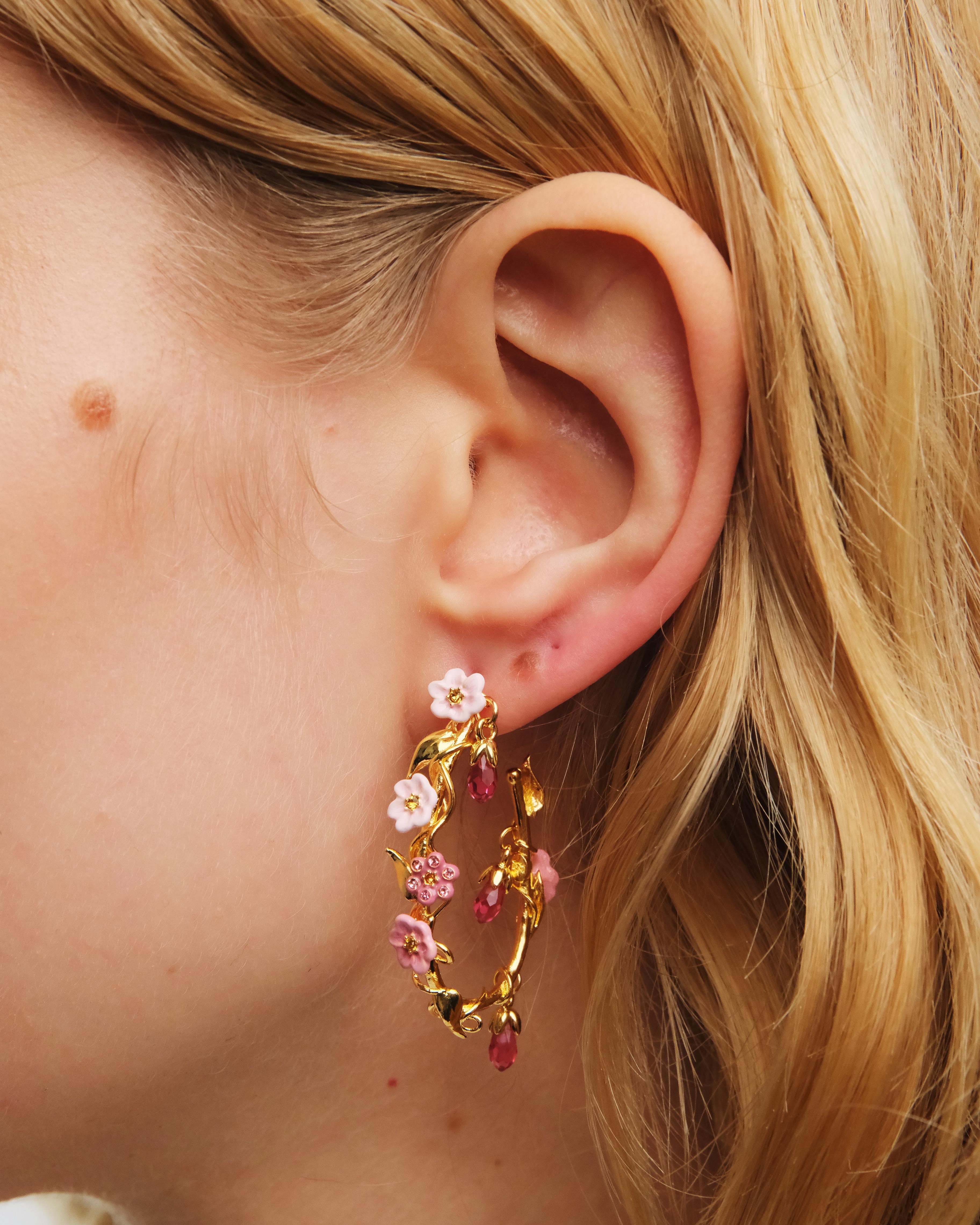 Pink jasmine flower hoop earrings