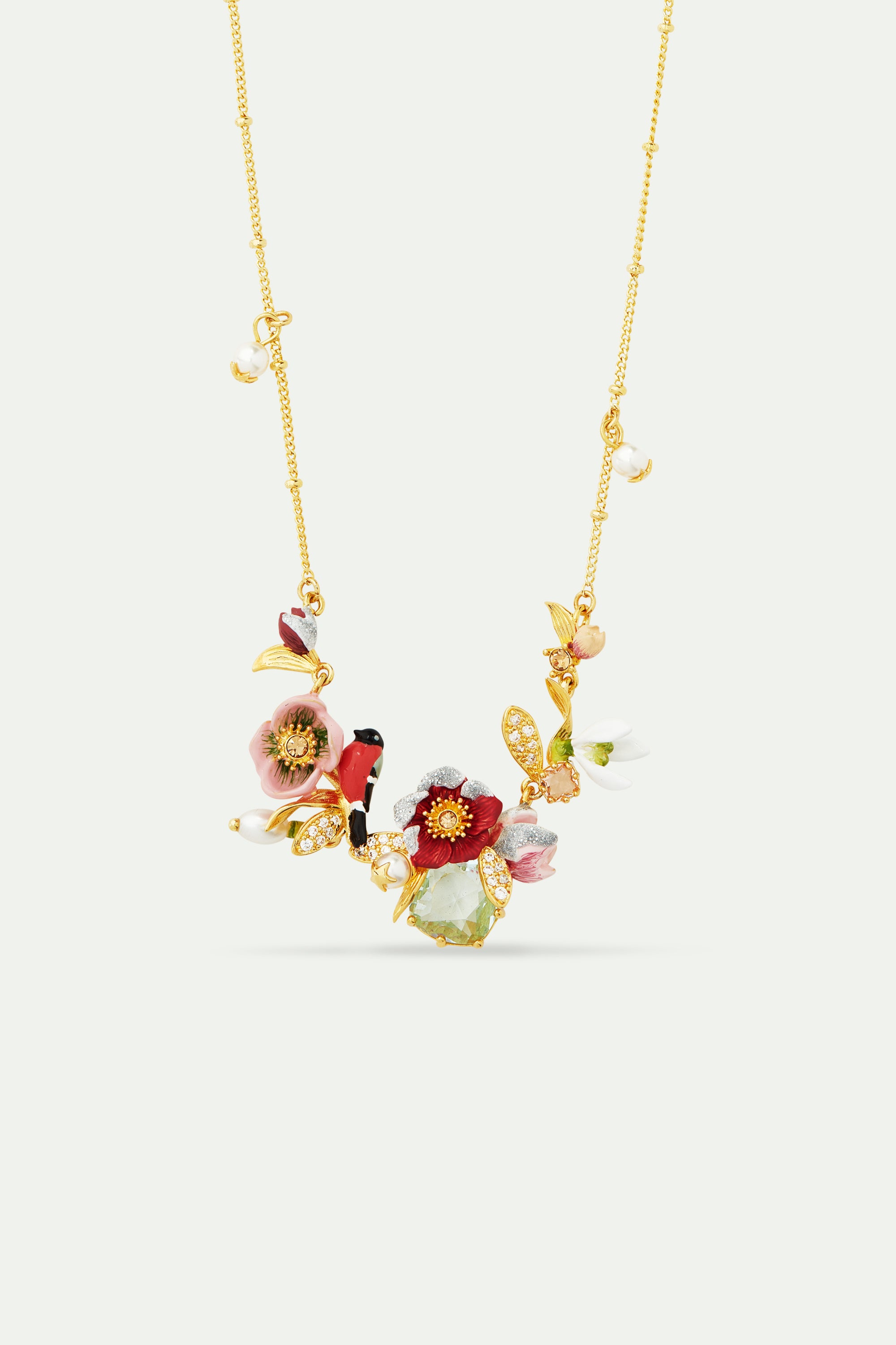 Collier plastron fleurs d'hellébore, perce-neige, bouvreuil pivoine et gui