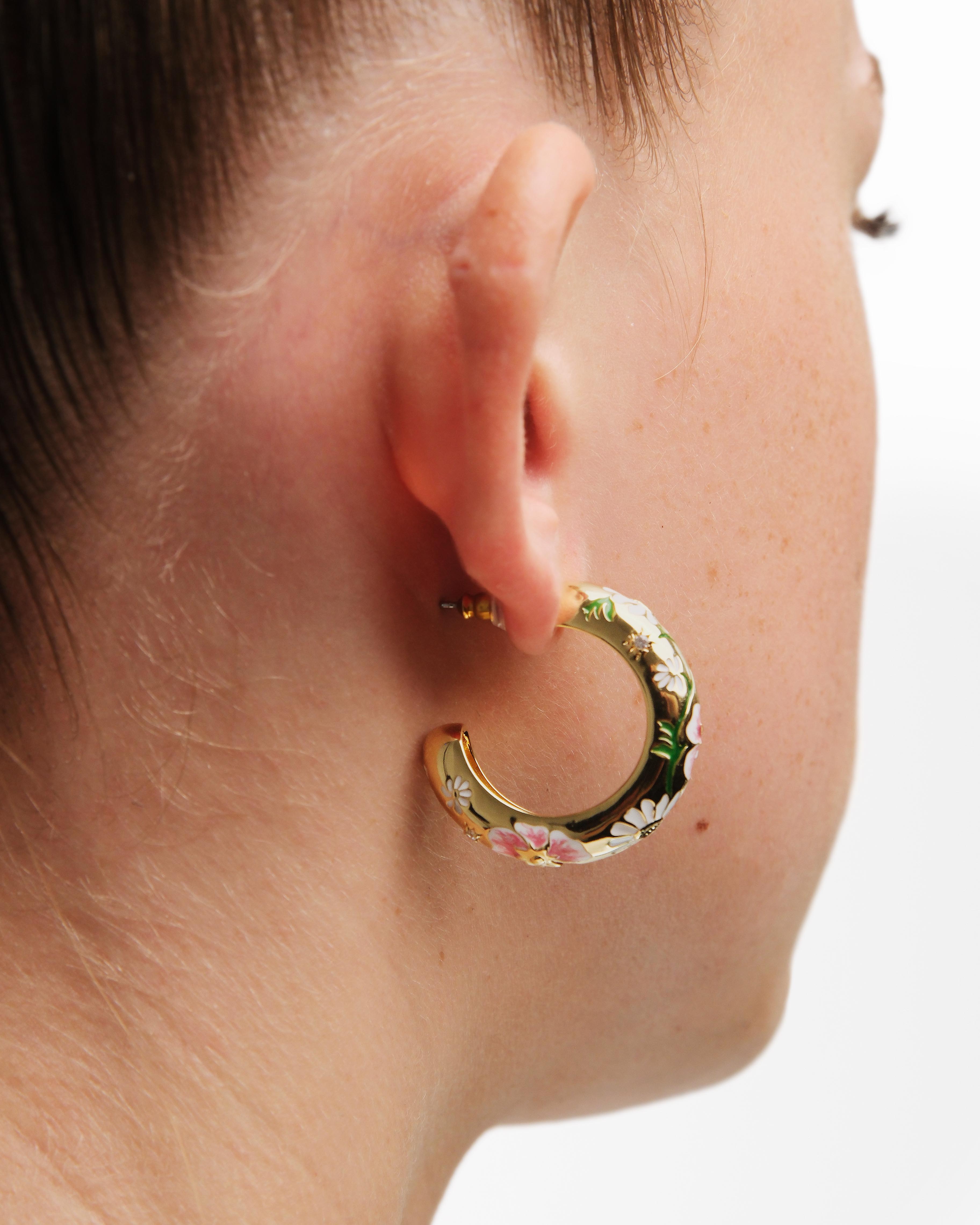 Daisy and pansy flower hoop earrings