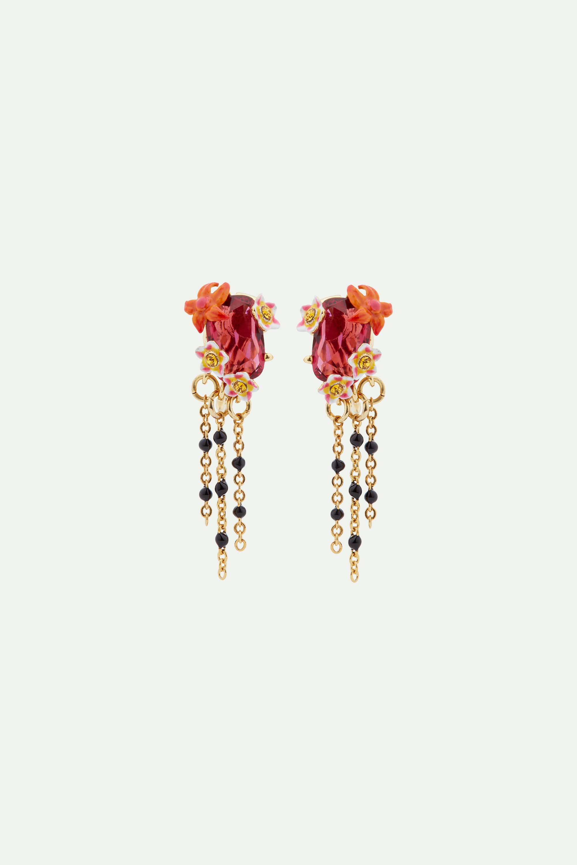 Boucles d'oreilles tiges pendantes cristal facetté et fleurs exotiques