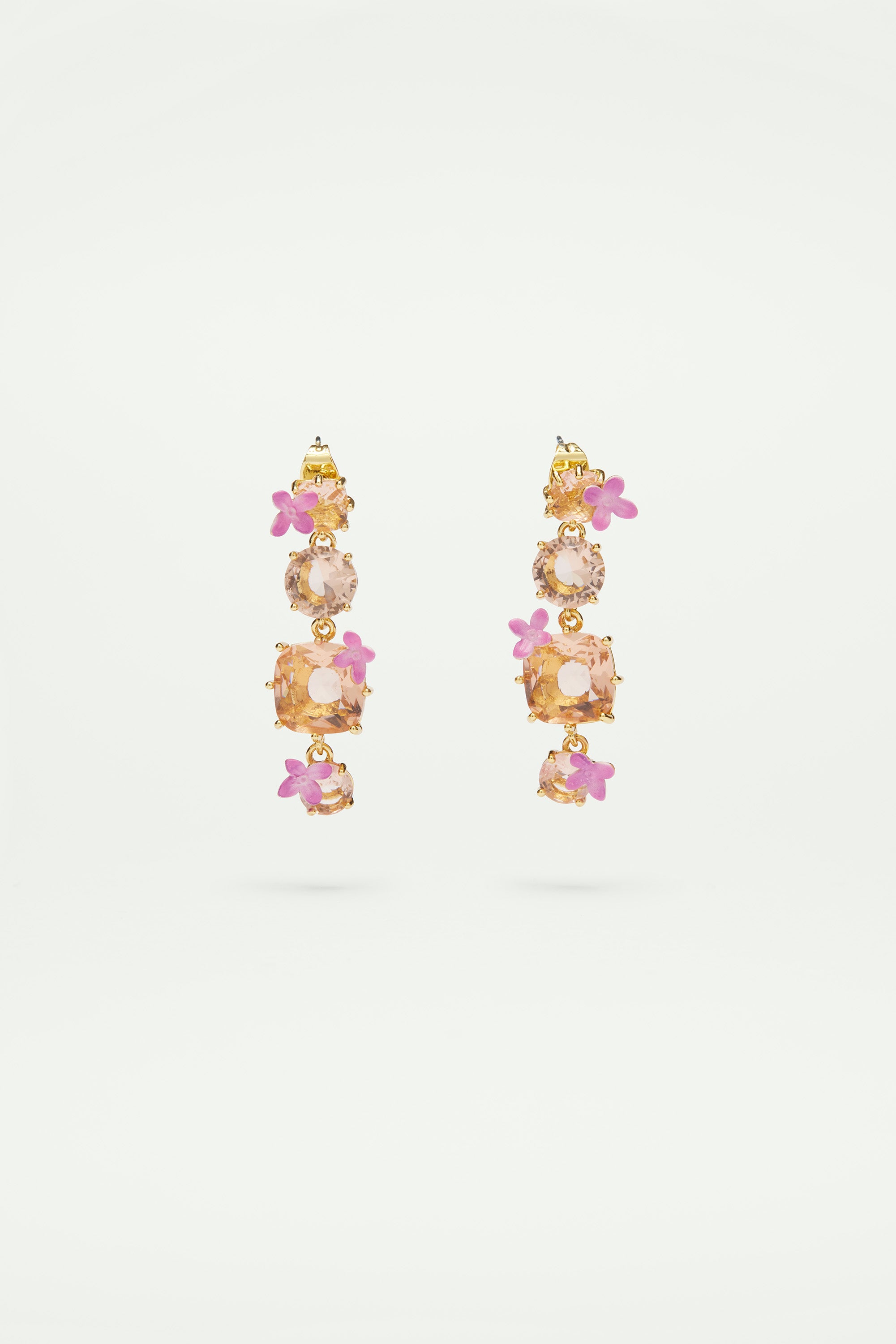 Apricot pink diamantine 4 stone dangling post earrings