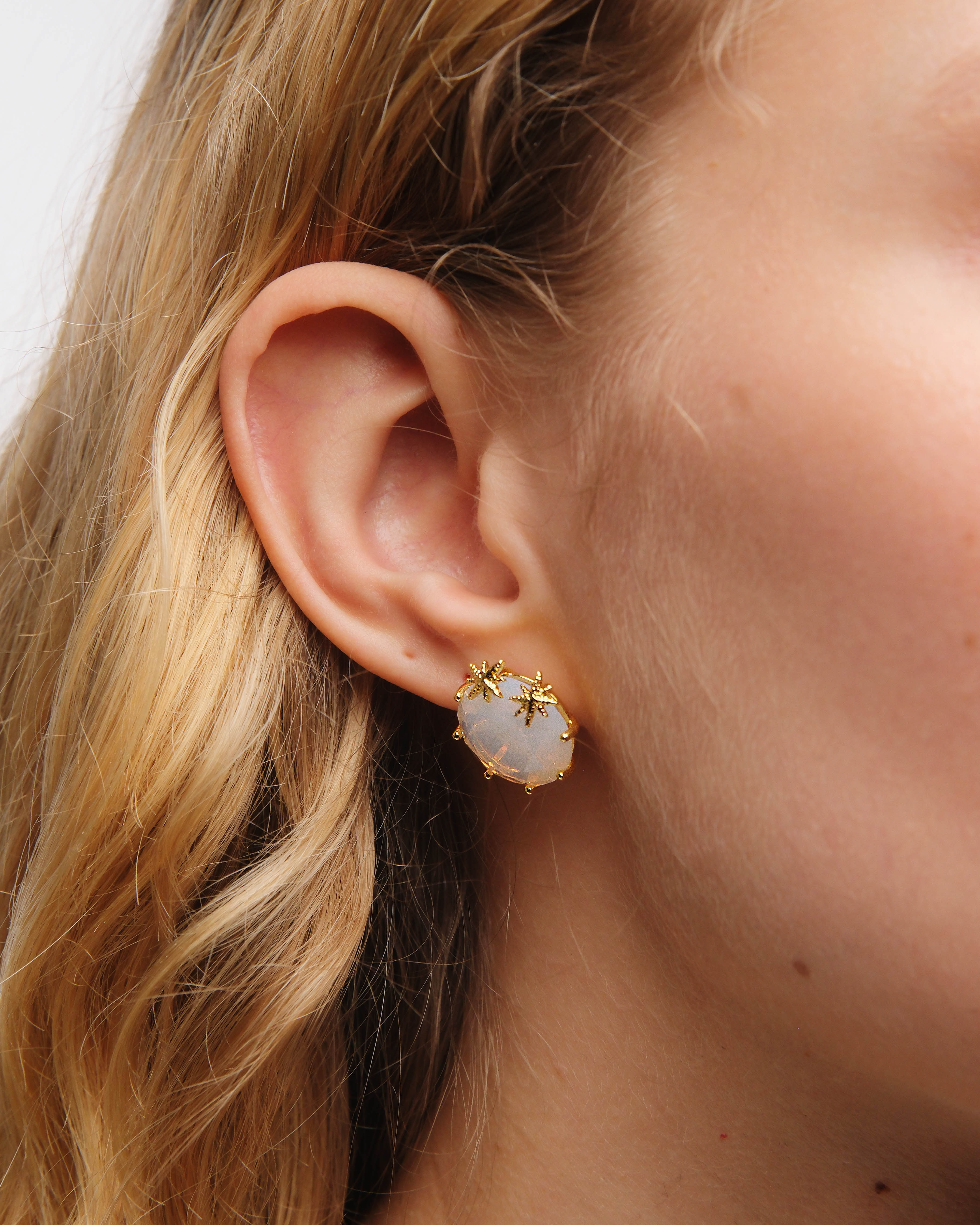 Opalescent white Diamantine round stone Post earrings and fine stars