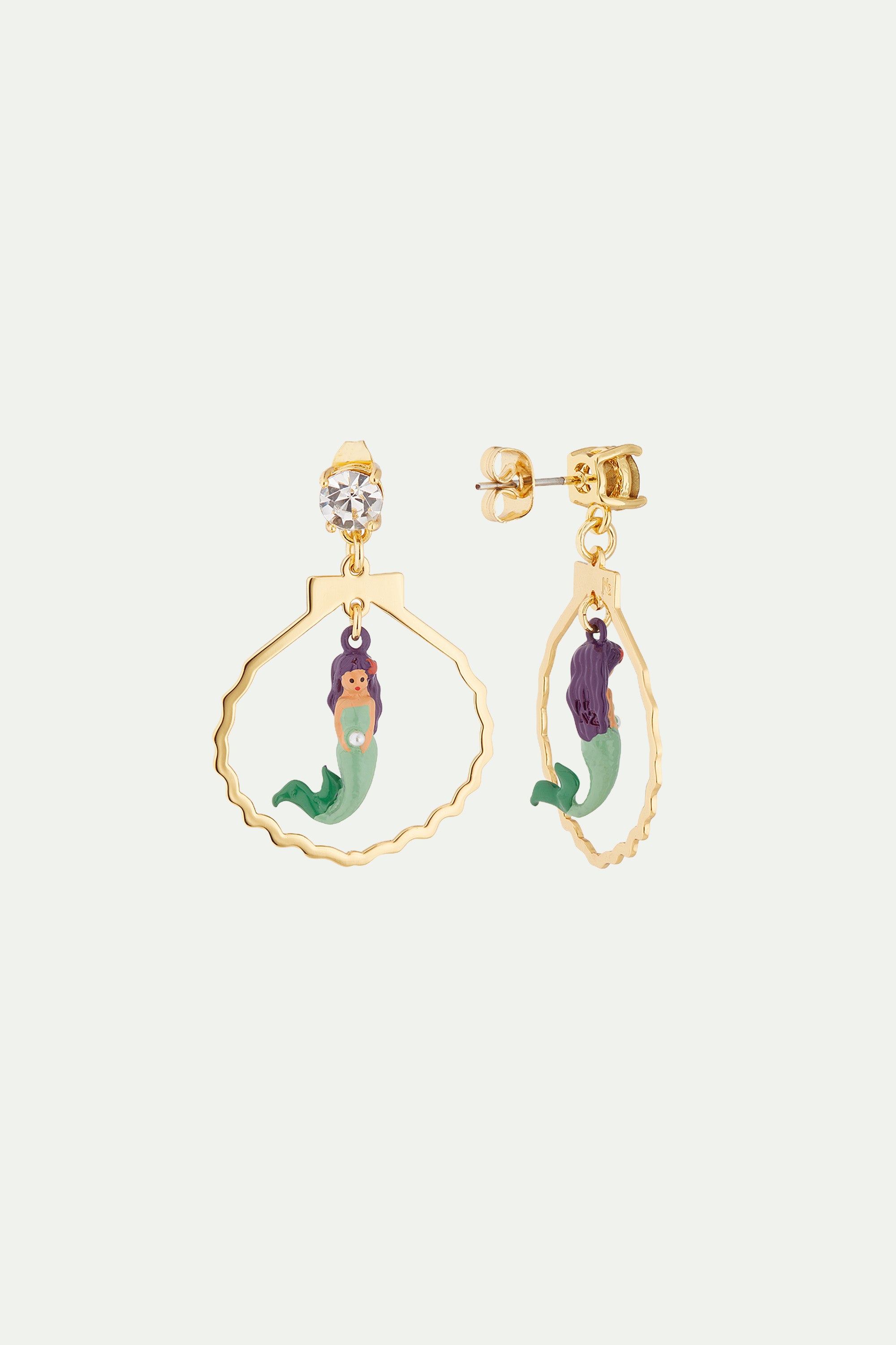 Mermaid, cut stone, seashell shape post earrings