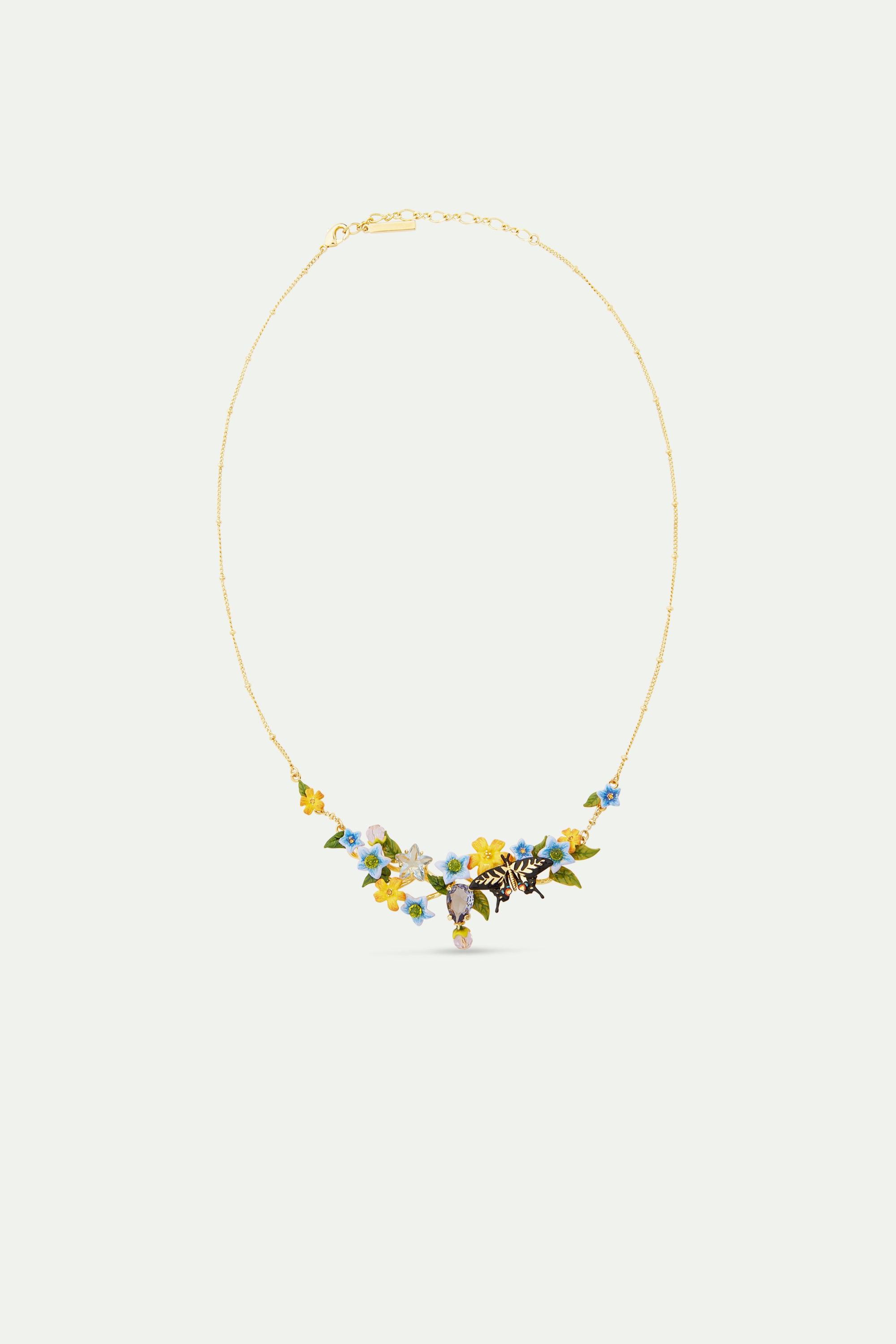 Collier plastron papillon, fleurs de jasmin et verre facetté