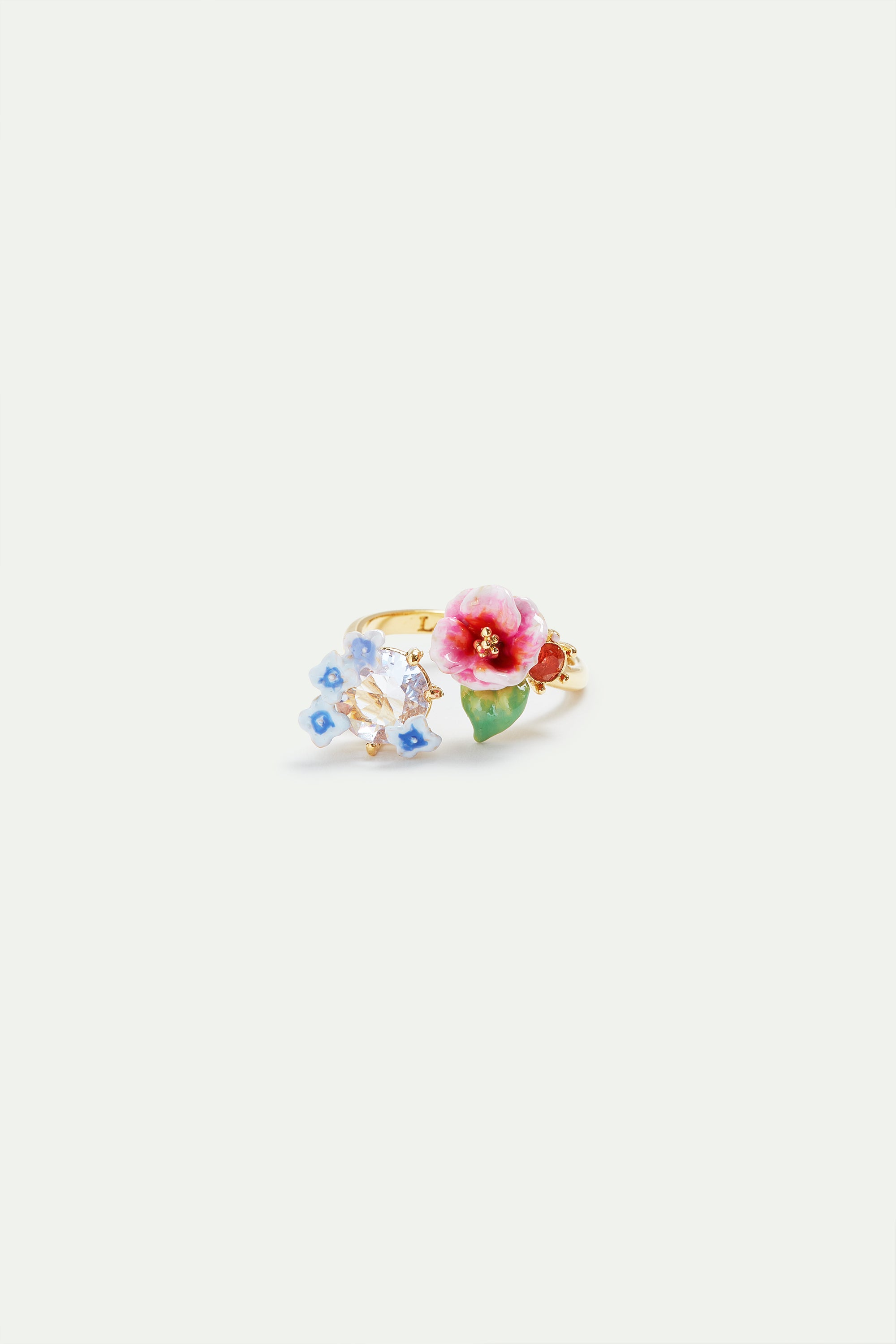 Hydrangea flower and round faceted glass stone adjustable ring