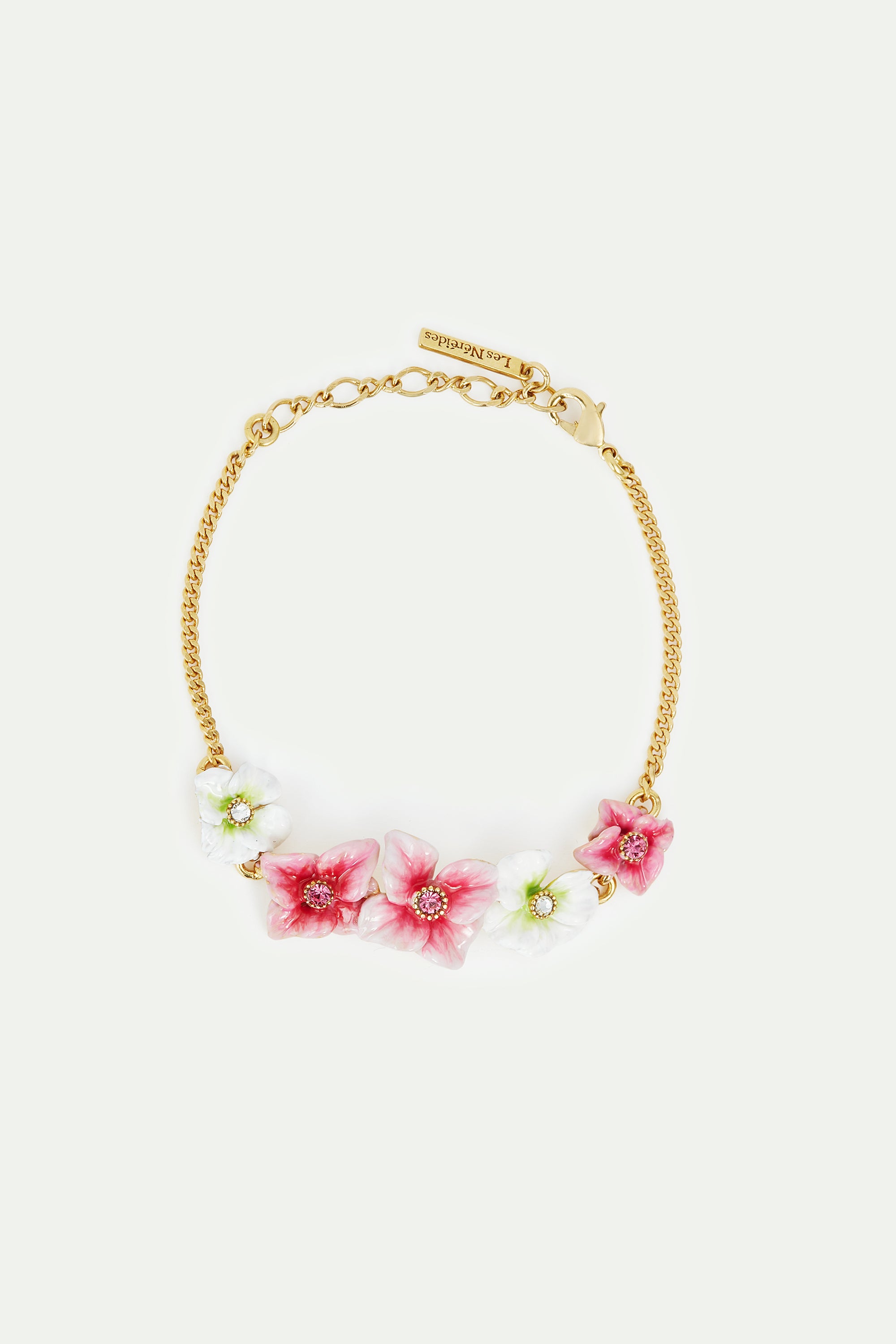 Pulsera fina flores de hortensia rosas y blancas