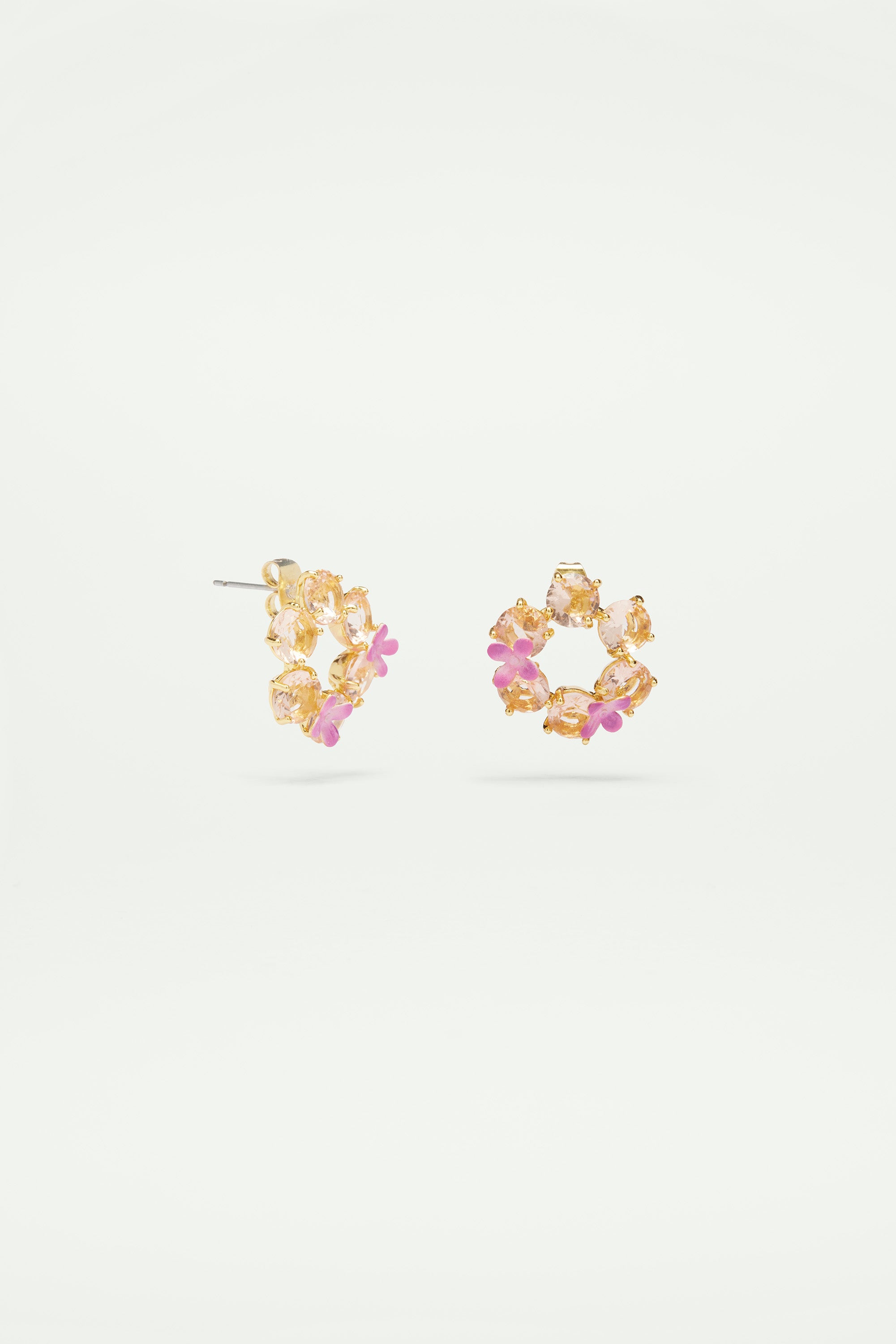 Boucles d'oreilles fleurs et 6 pierres rondes la diamantine rose abricot