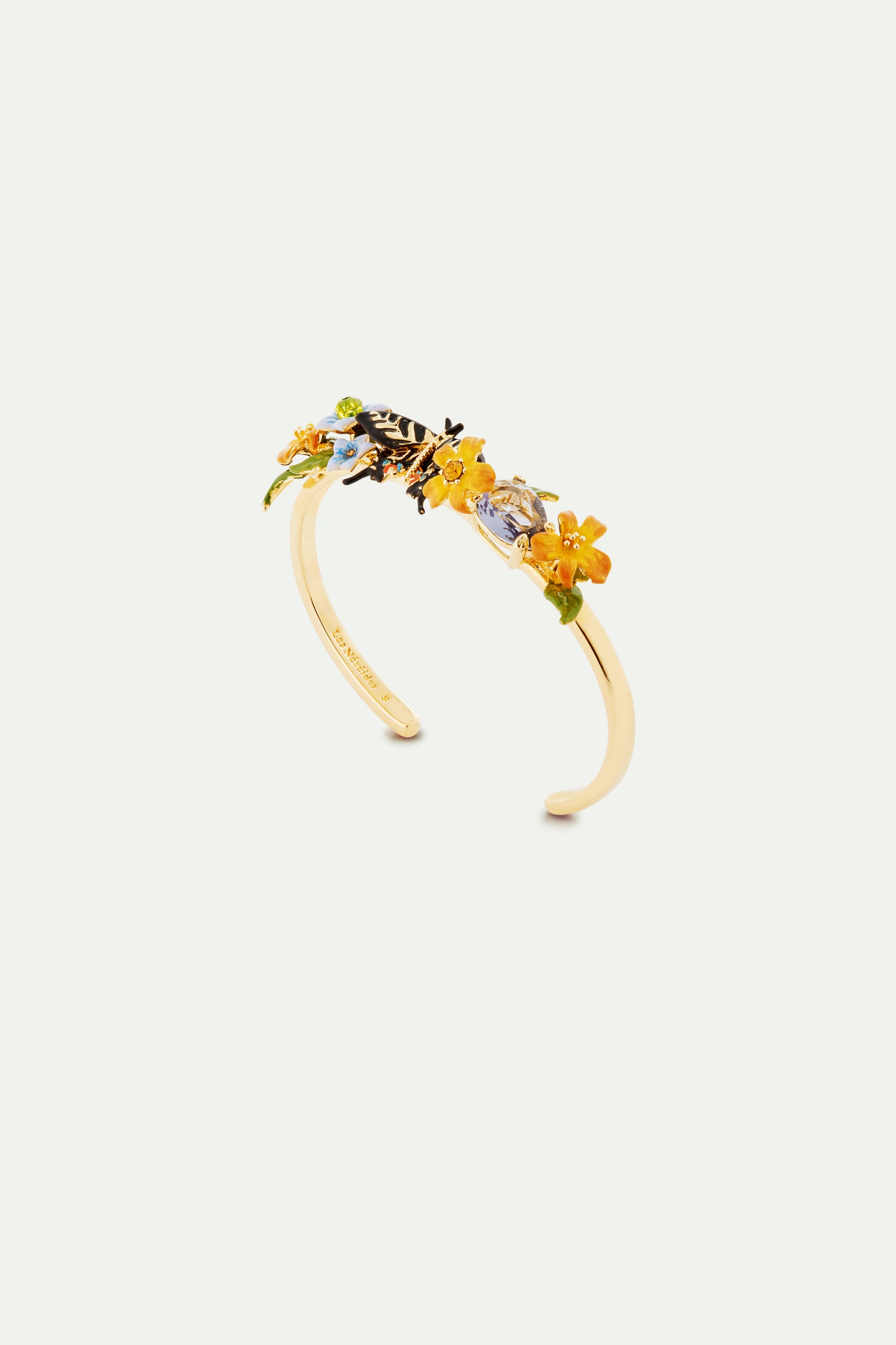 Butterfly, jasmine flowers and faceted glass cuff bracelet