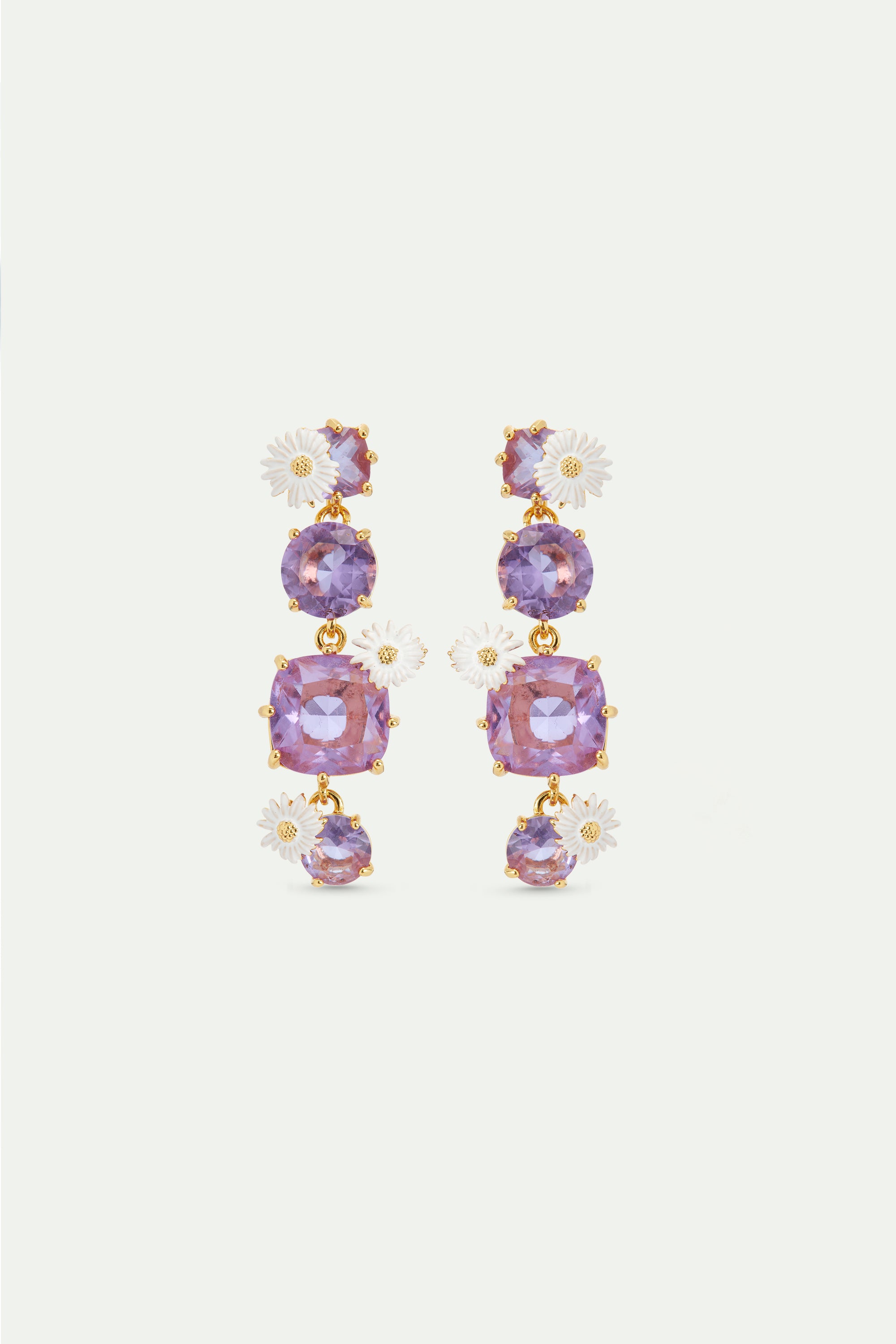 Four stone Lavender Diamantine dangle earrings with daisies