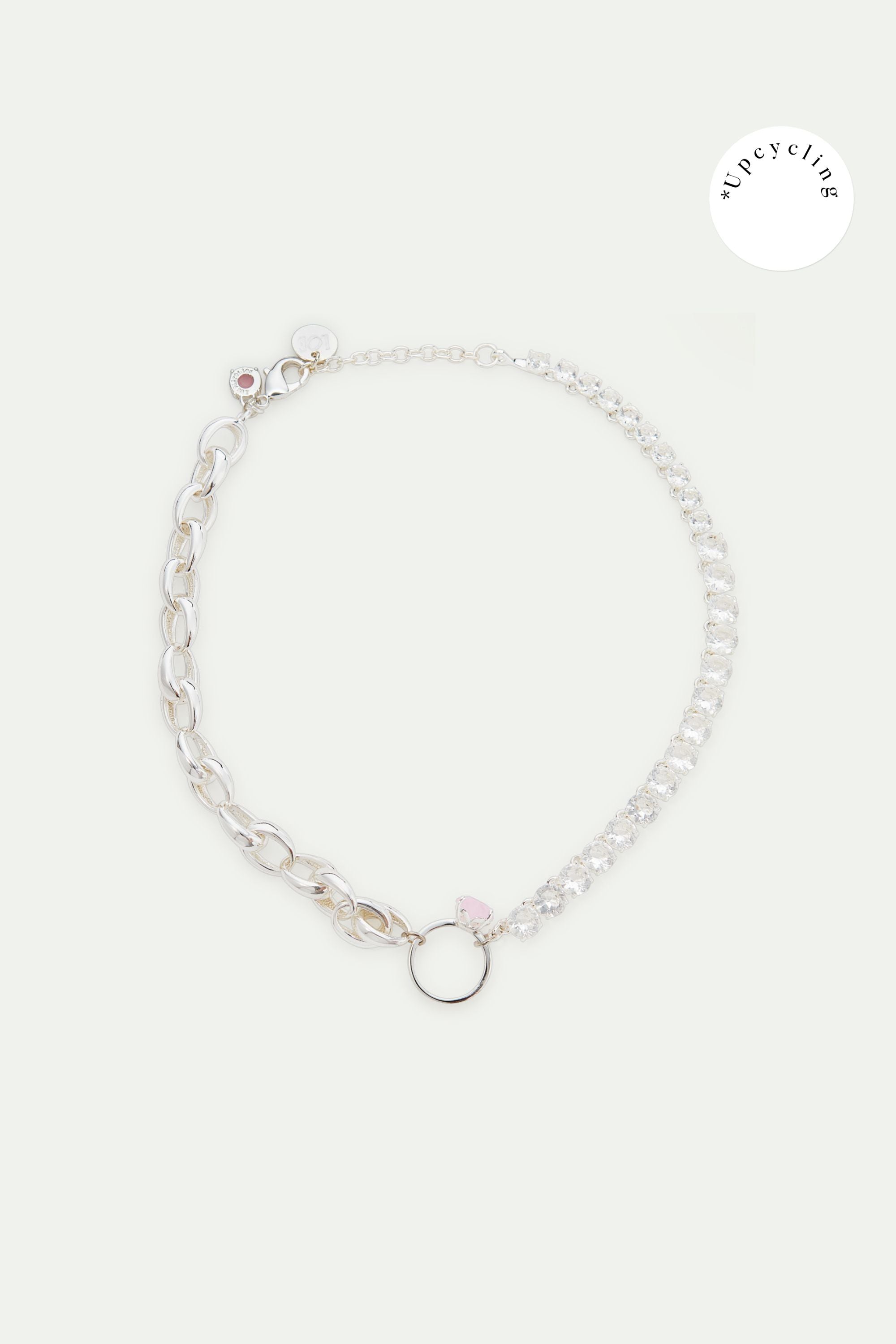 Collier ras de cou La Diamantine argenté, bague cœur rose et chaîne