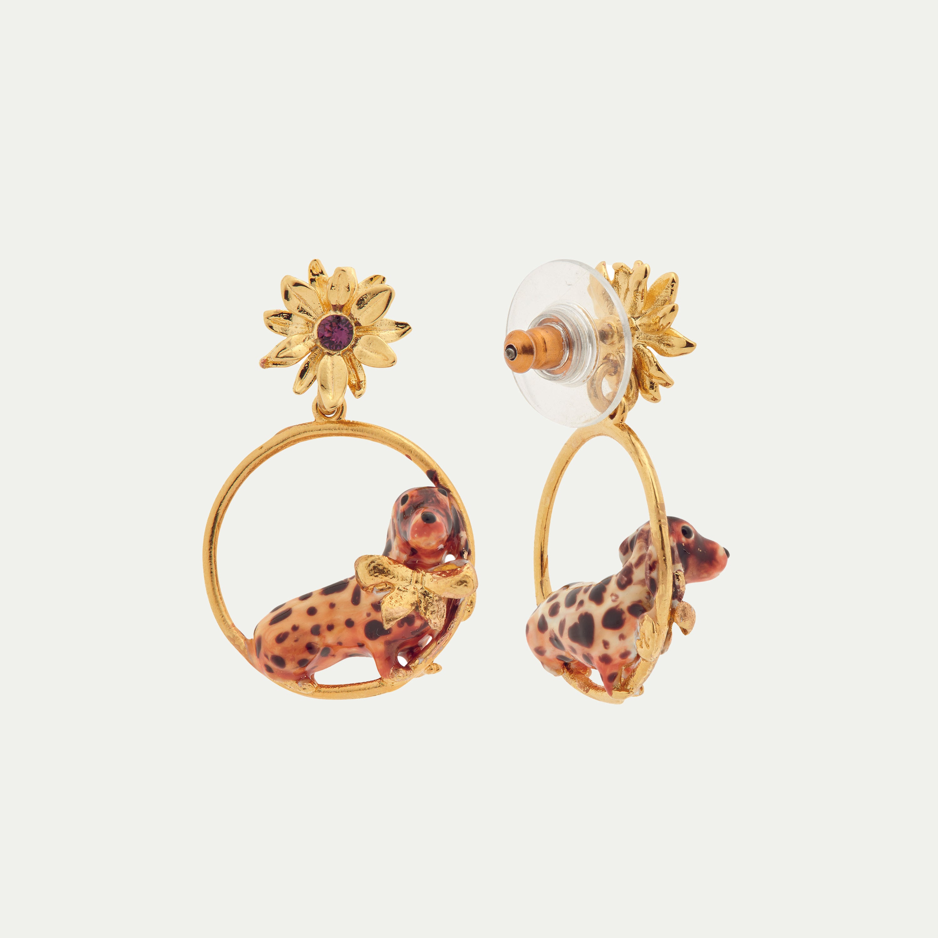 Dachshund and flower hoop earrings