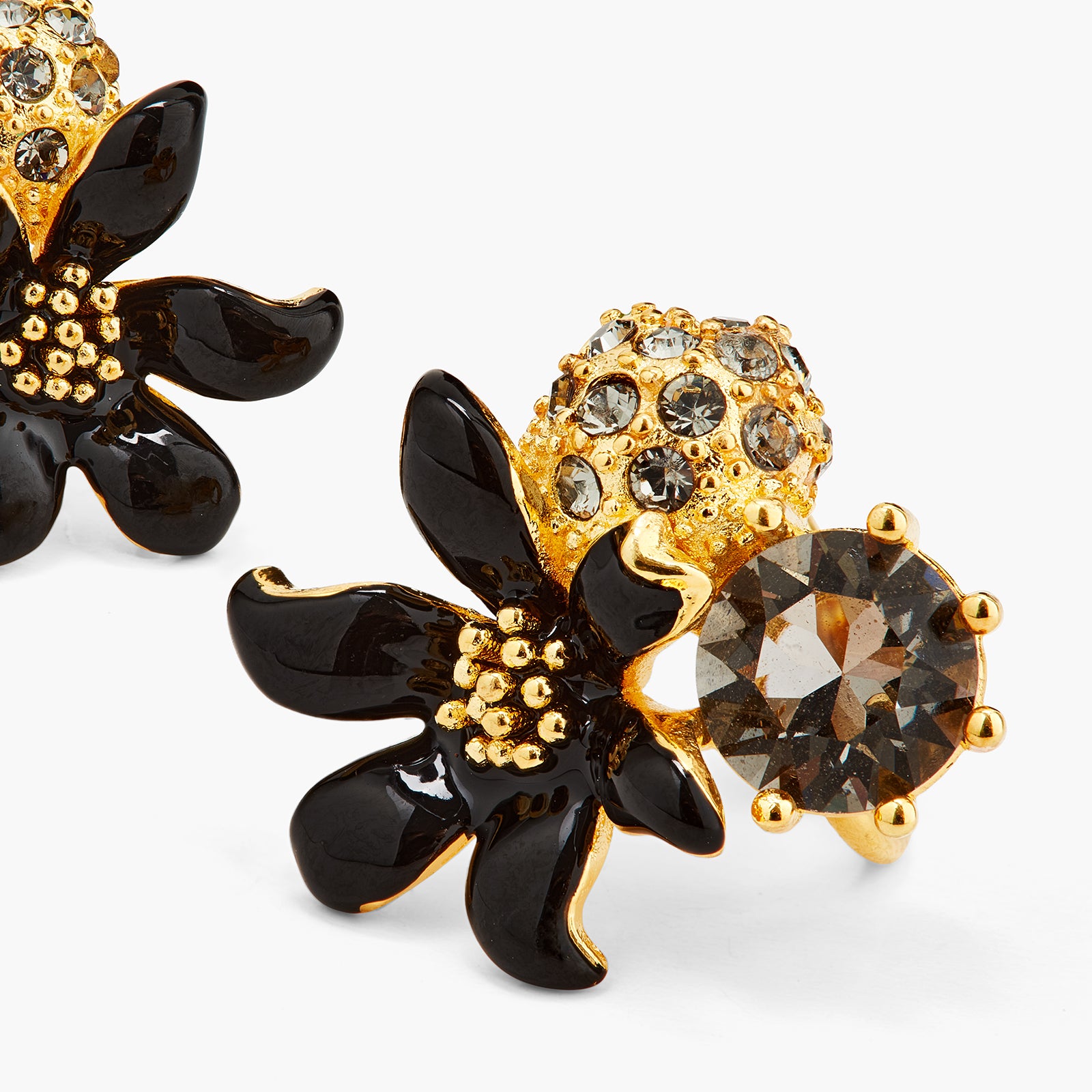 Black lily and Sphere paved with crystal sleeper earrings