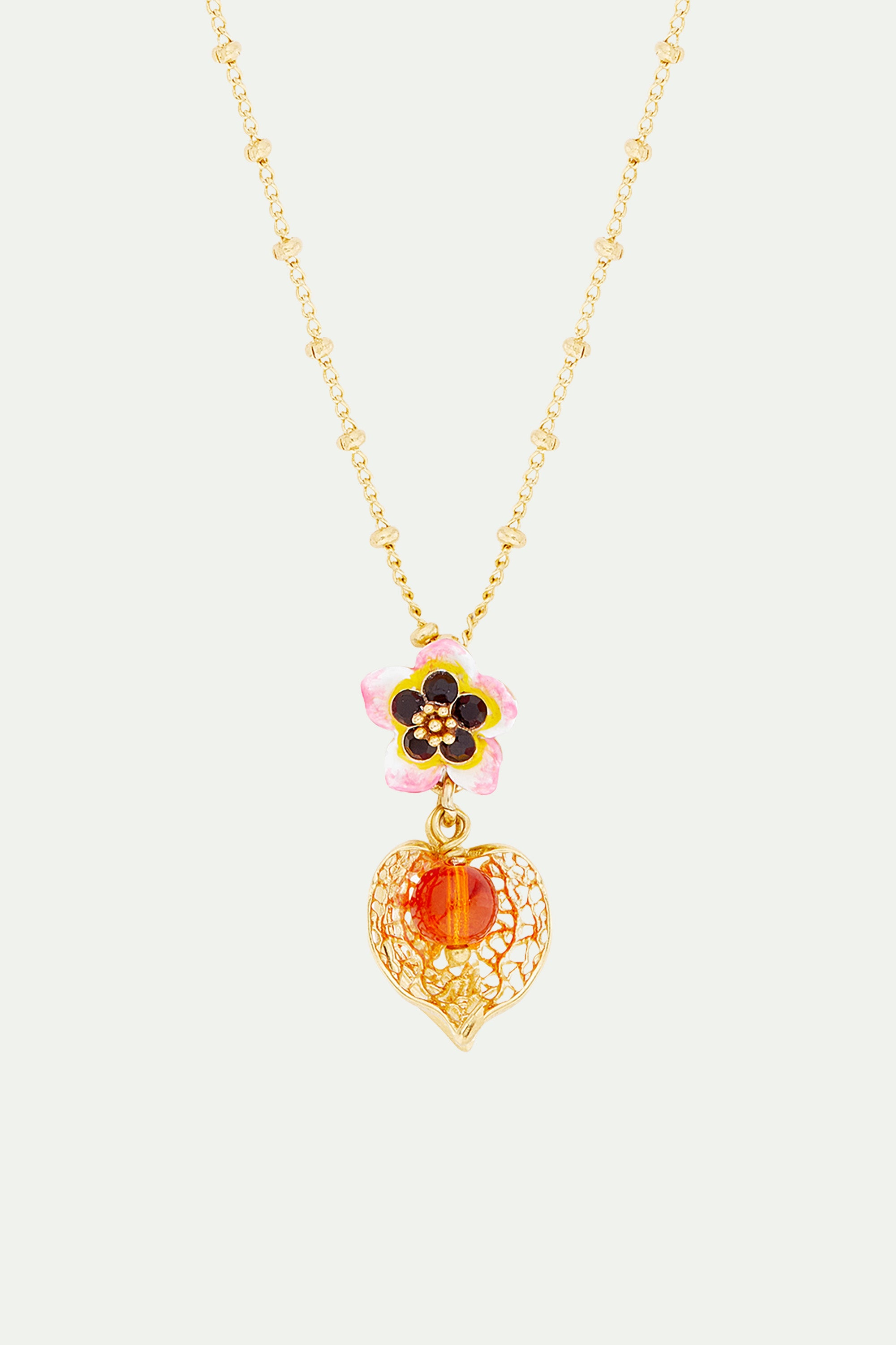 Collier pendentif fleur de tiaré et physalis