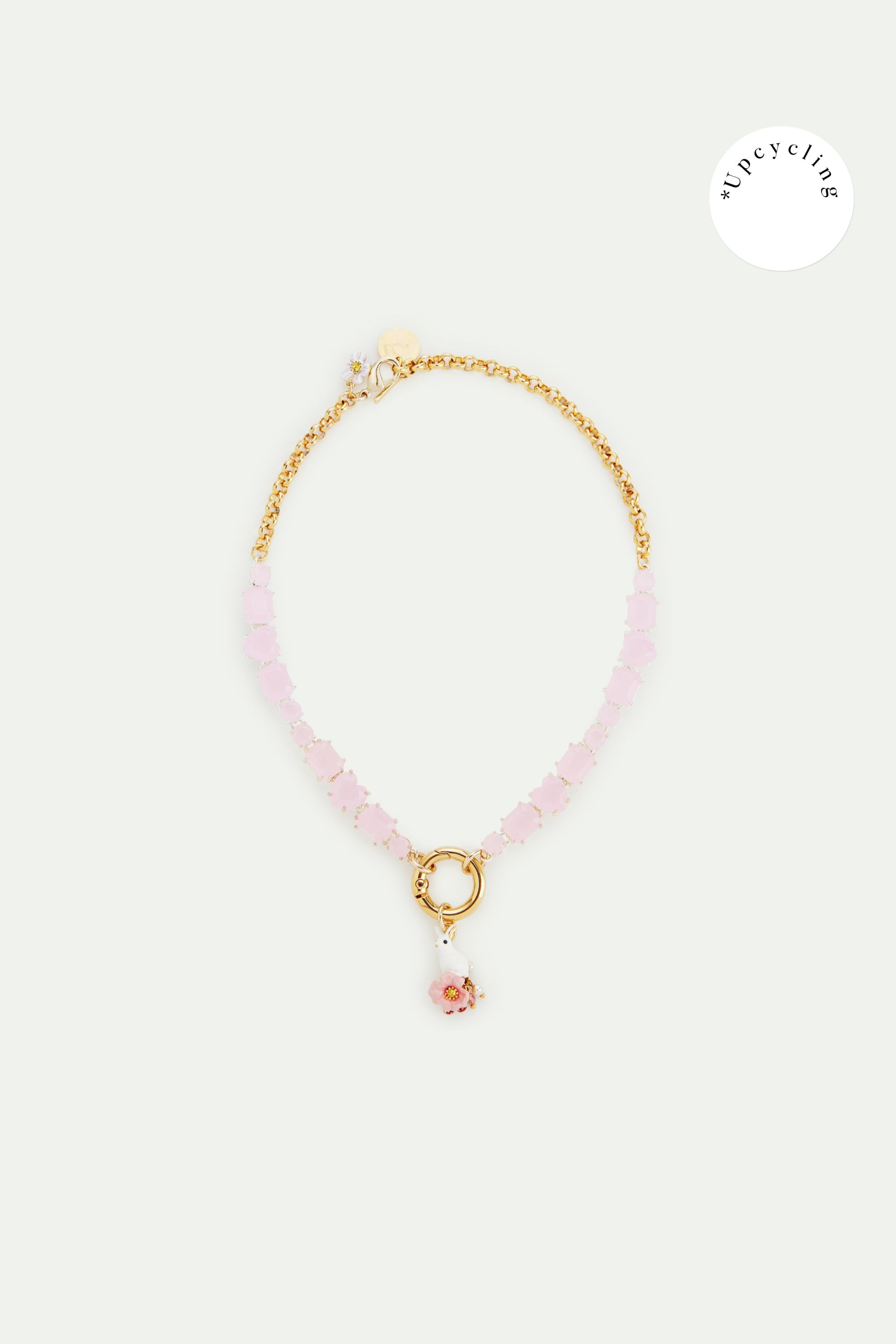 Collier ras de cou pierres facettées roses et lapin