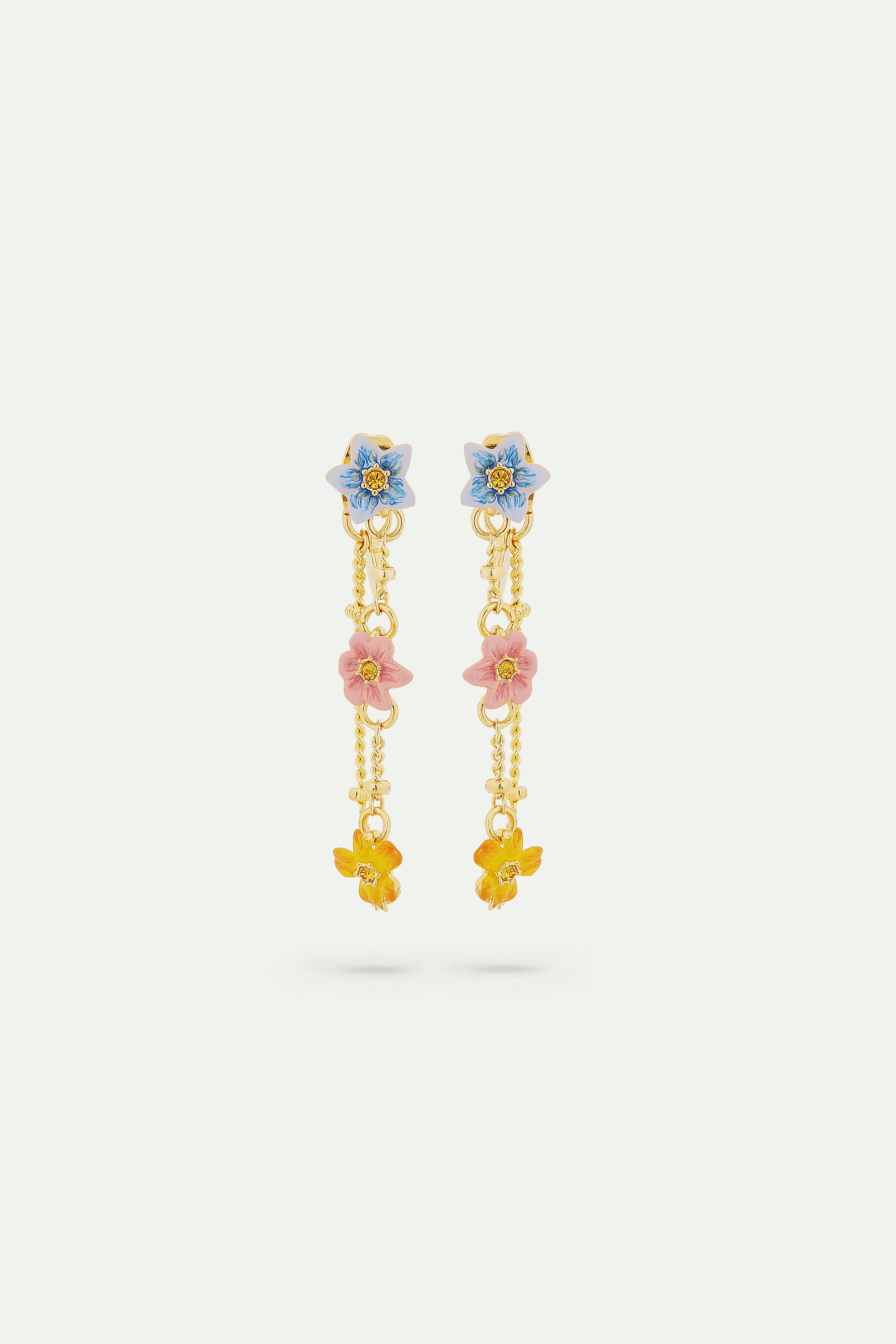 Boucles d'oreilles tiges pendantes avec 3 fleurs de jasmin colorées