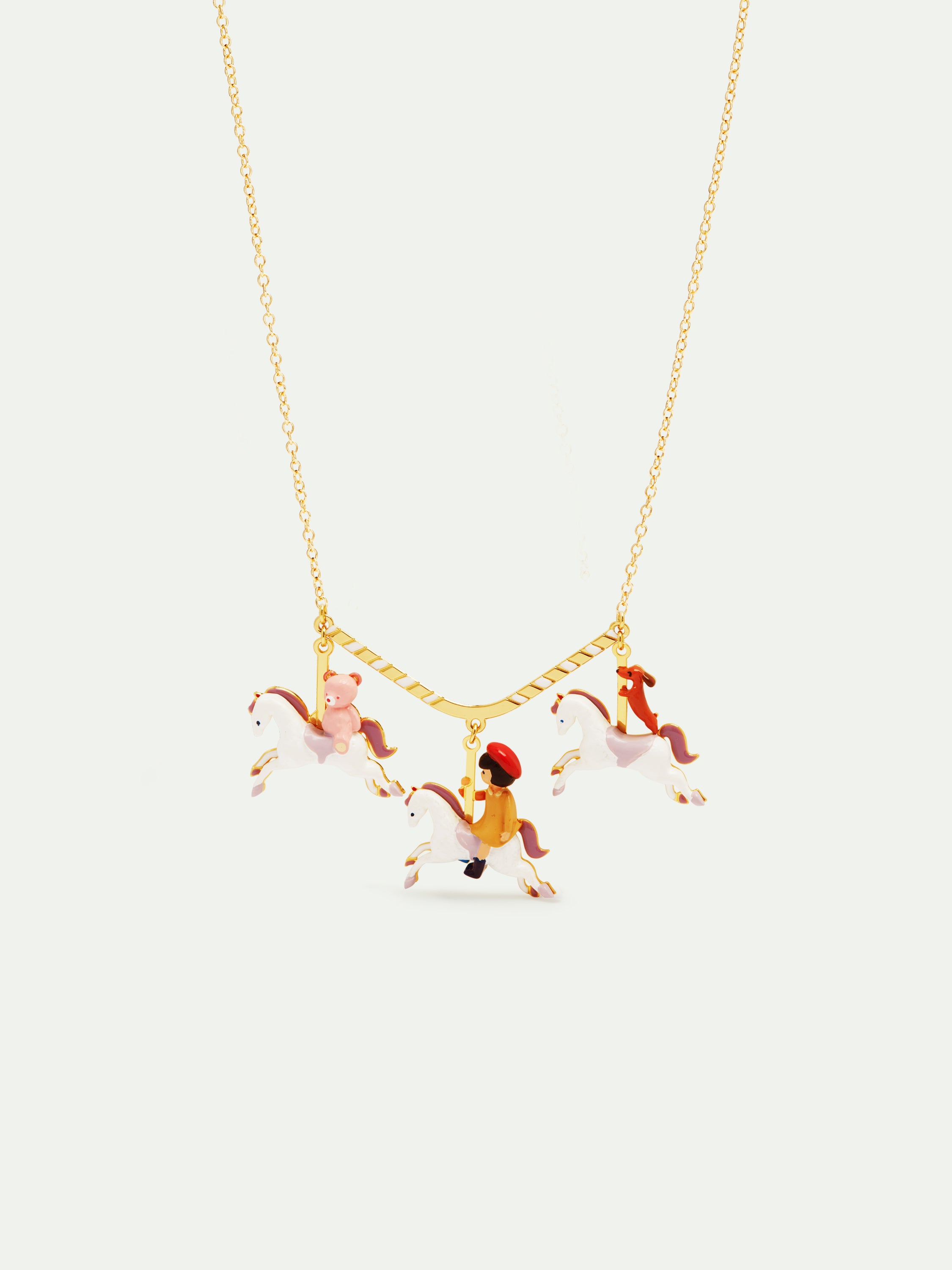 Little girl, dachshund and teddy bear on a carousel statement necklace