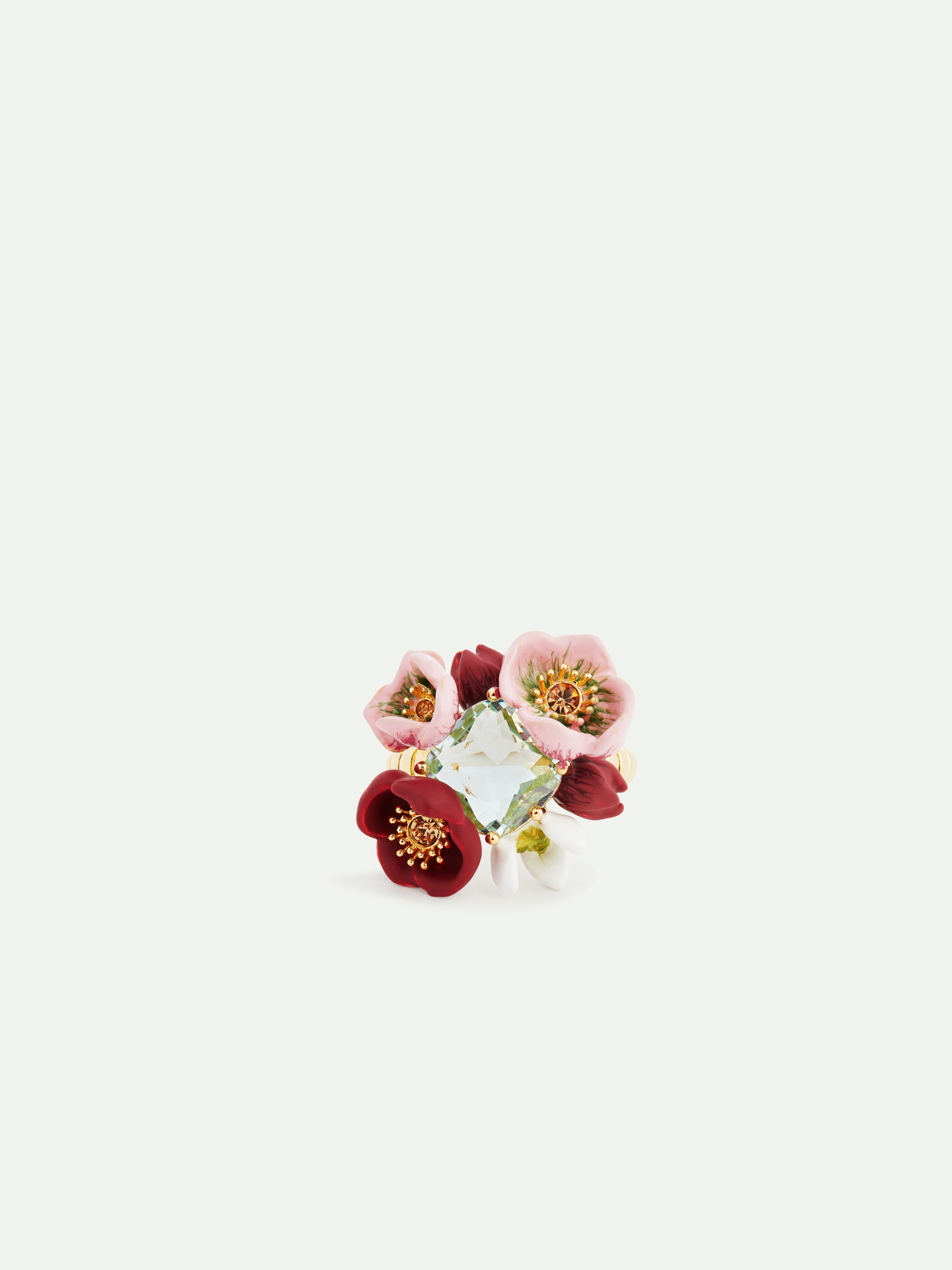 Hellebore flower bouquet and faceted stone cocktail ring