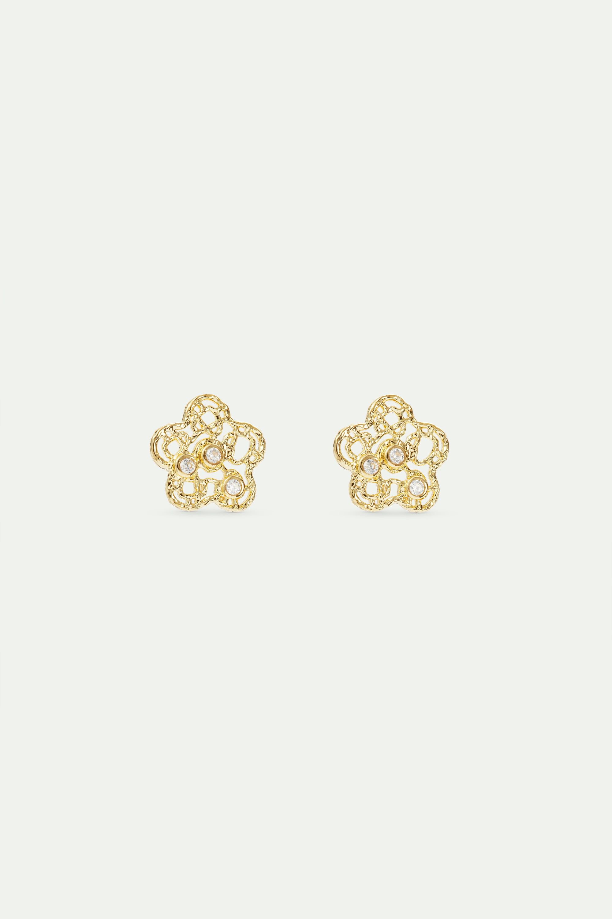 Golden filigree flower and crystal post earrings