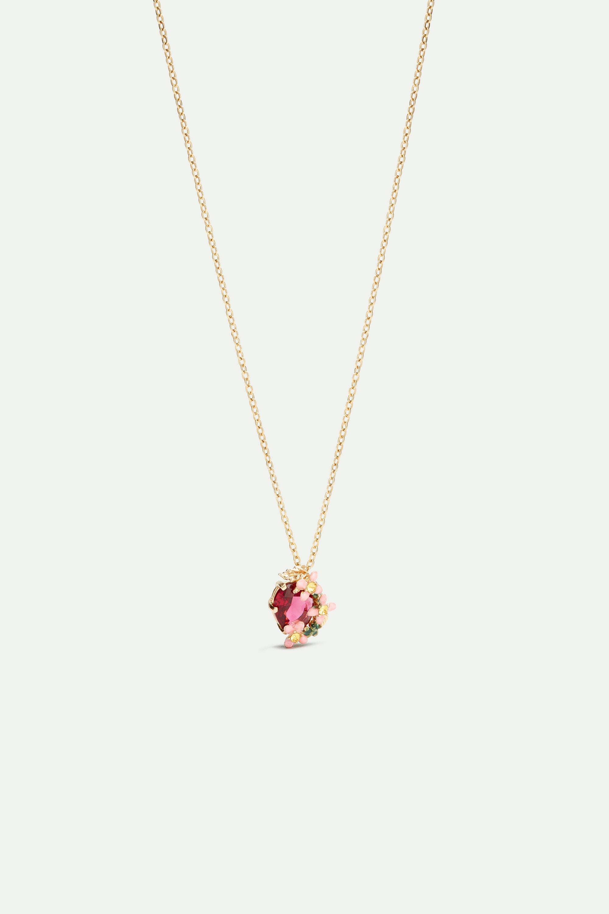 Collier pendentif verre facetté rose et fleurs roses