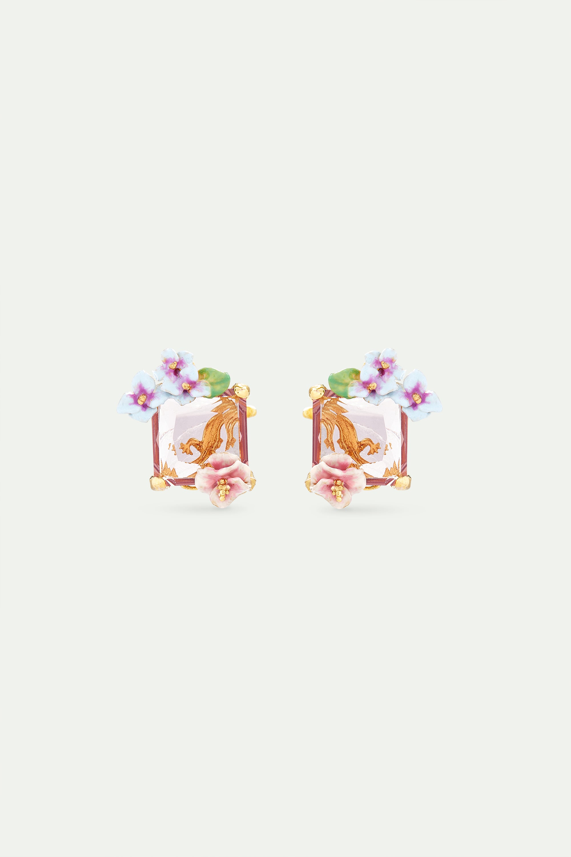 Lizard post earrings with pink cut stone and hydrangea flowers