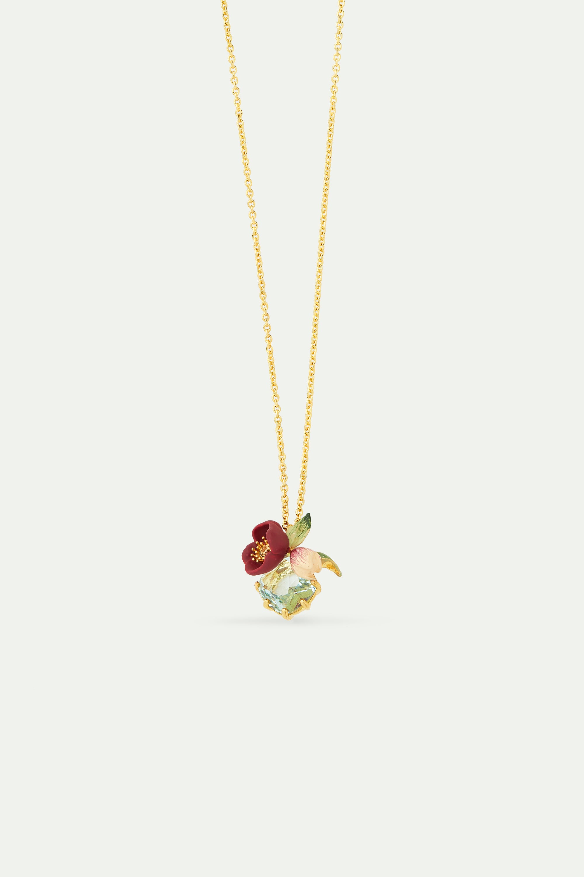 Collier pendentif fleur d'hellébore rouge et pierre facettée